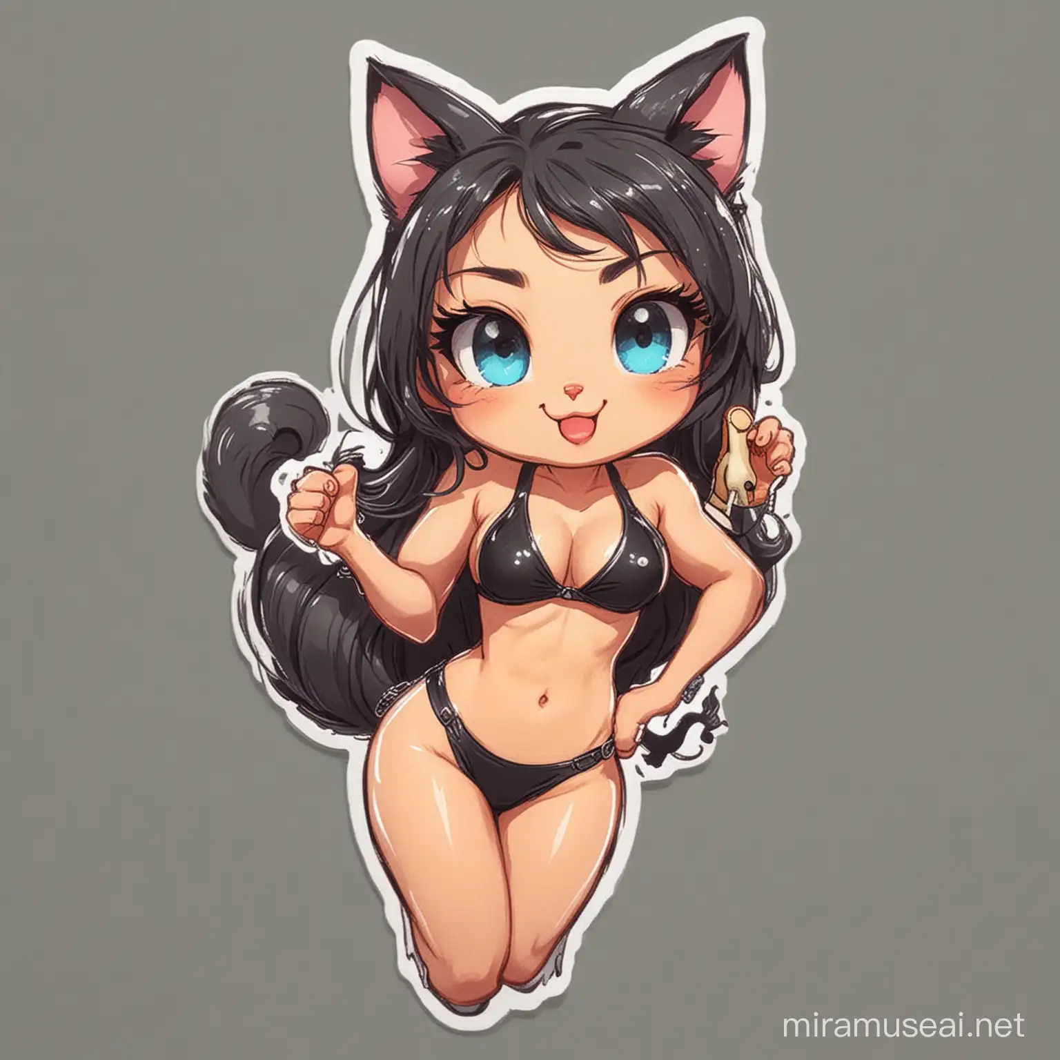 a cute cartoony cat women with bikini make it like a sticker