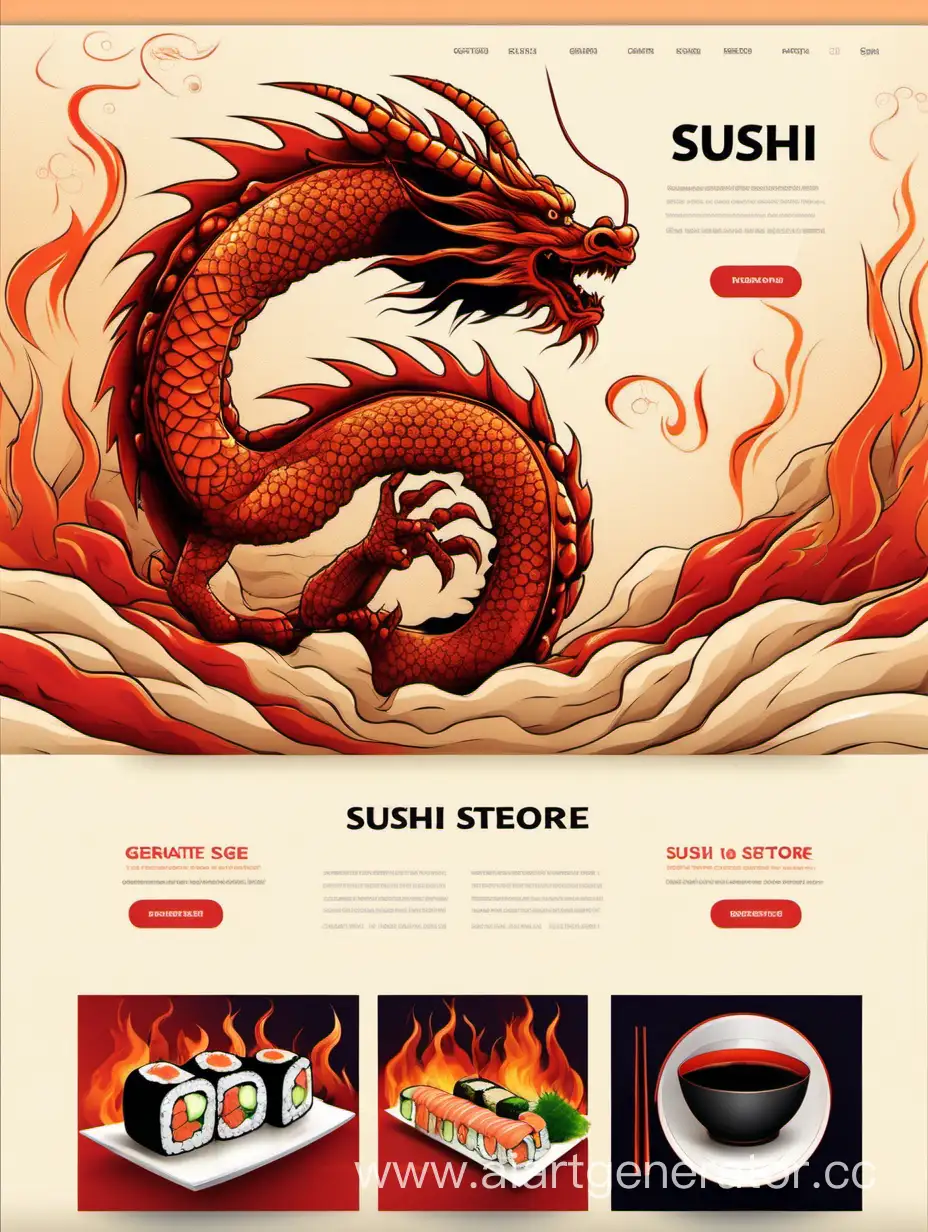Сгенерируй дизайн сайта интернет магазина суши с огненным драконом
