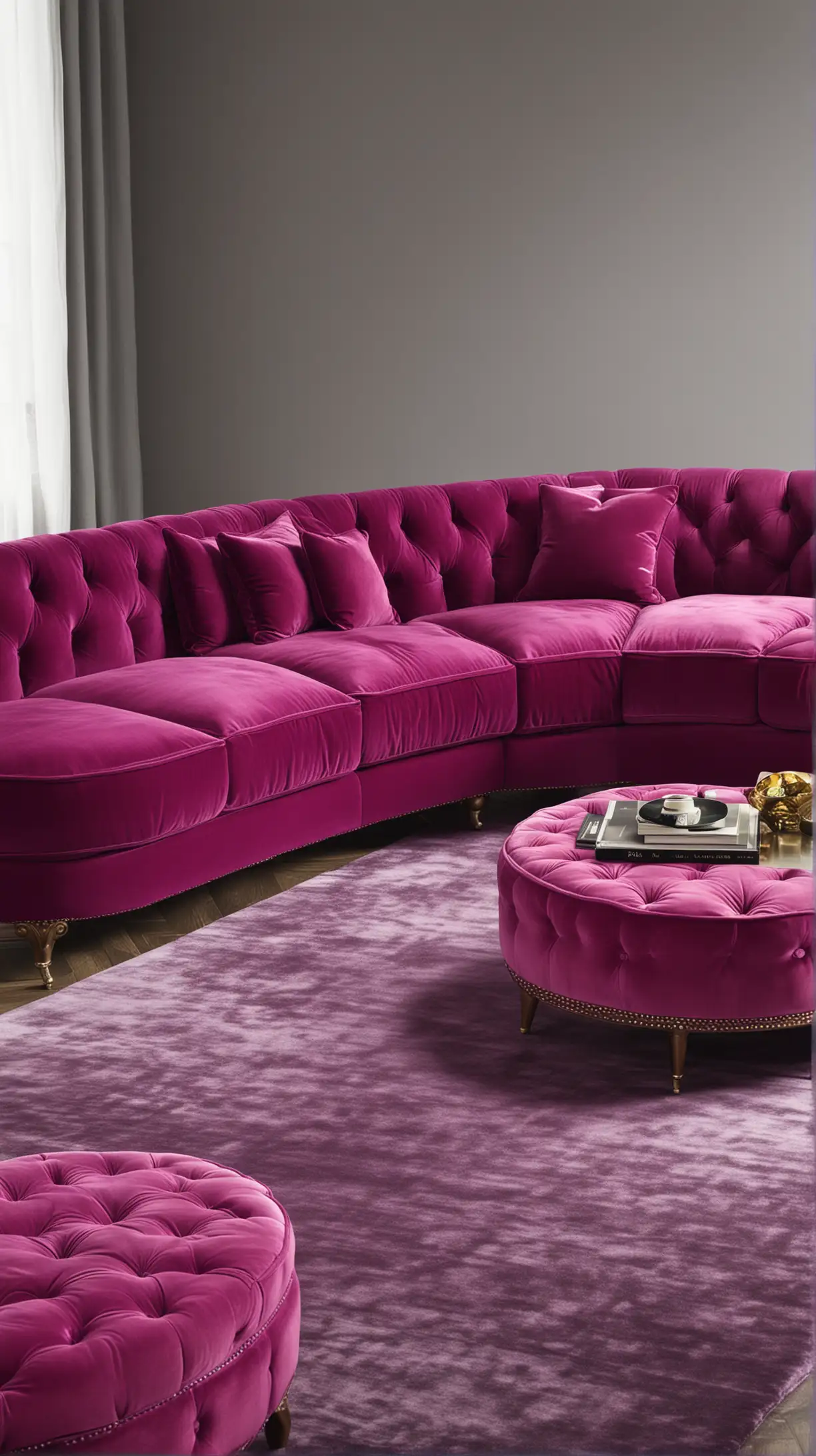 create an image for a baddie living room idea on this theme [Velvet Statement Couch

I adore the idea of a plush velvet couch as the centerpiece of a living room. Choosing a vibrant color like deep purple or bold fuchsia not only screams luxury but also sets the tone for a space that’s both inviting and chic.]
Make sure to create the exact idea image and include the sofa. The picture should be clear and not any single item be cut from the frame but fit in the frame.  