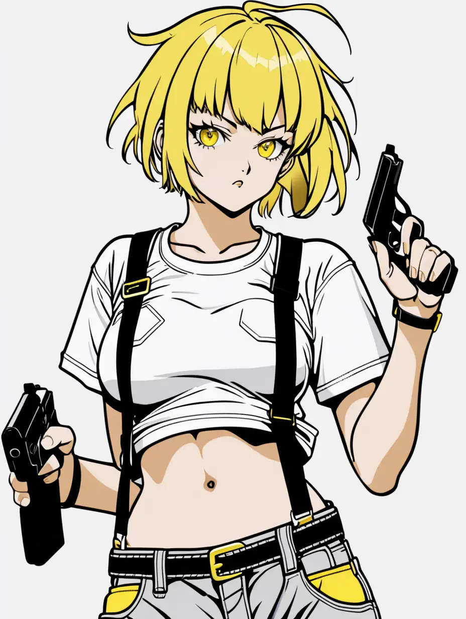 anime adult woman hero yellow eyes sexy midriff short white ripped tshirt suspenders exposed cleavage short yellow hair with black highlights short yellow shorts posterized halftone yellow black white 3 color minimal design holding handgun