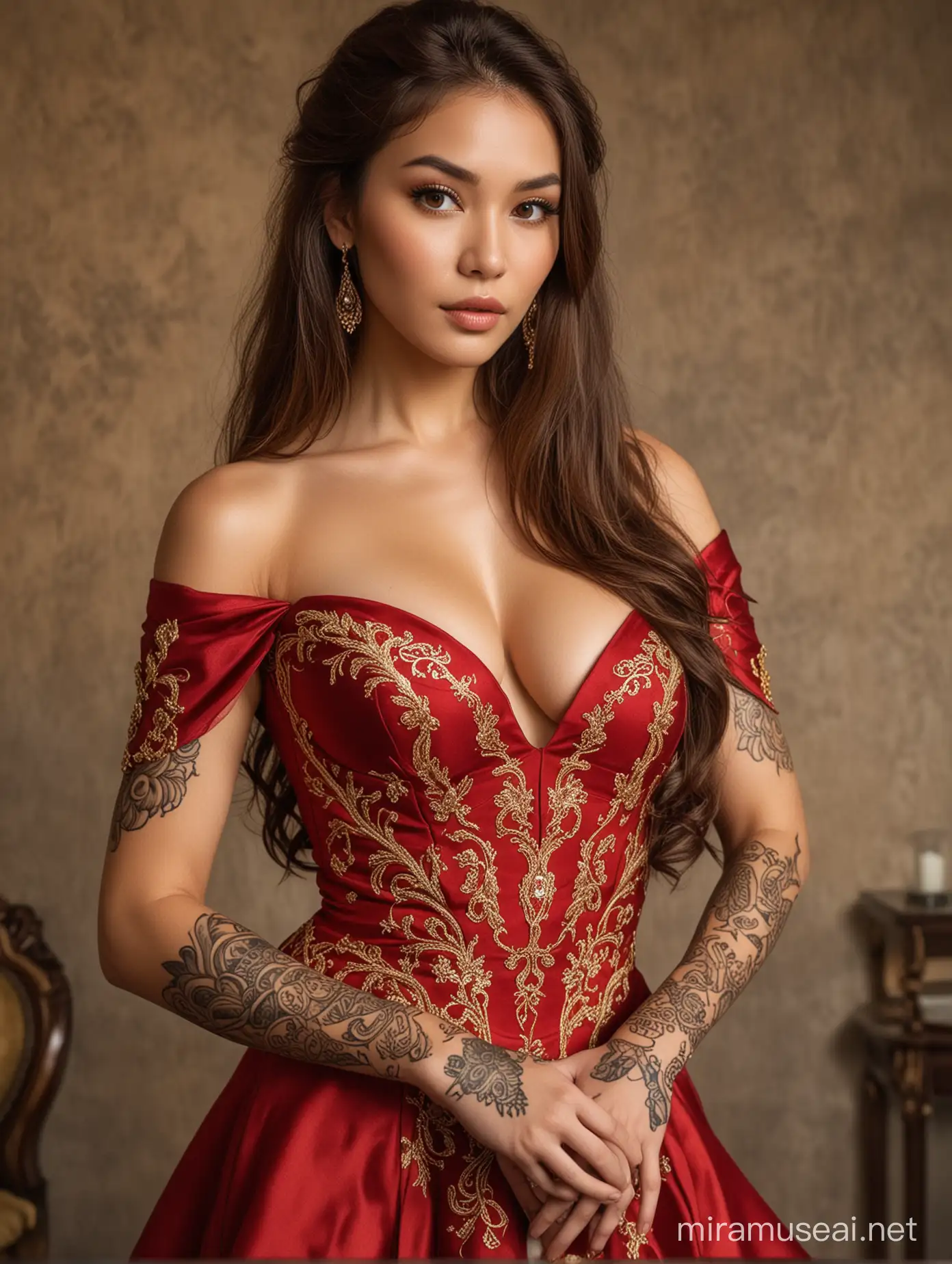 Handmaiden of Queen, red and gold gown, soft brown eyes, long luxurious brown hair, Choco skin, sexy, tattoo on wrist, extremely attractive, voluptuous figure