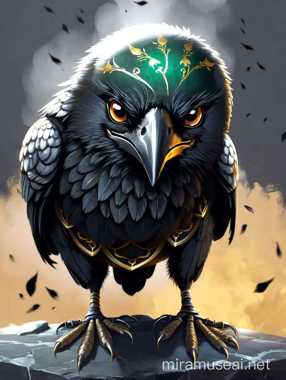 Gilded Stone Crow in Enigmatic Darkness Intricately Textured Digital Painting