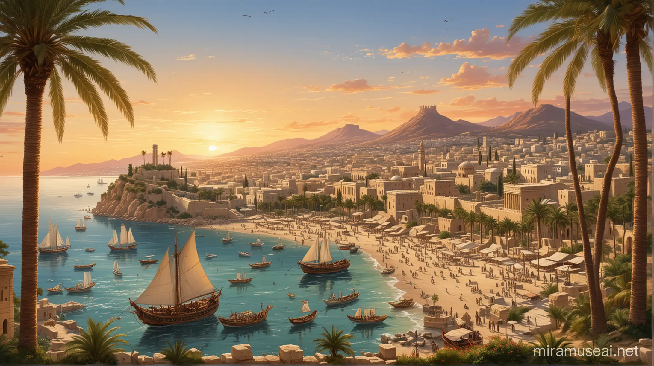 Ancient Carthage Glory Majestic Temples Bustling Ports and Exotic Sunset