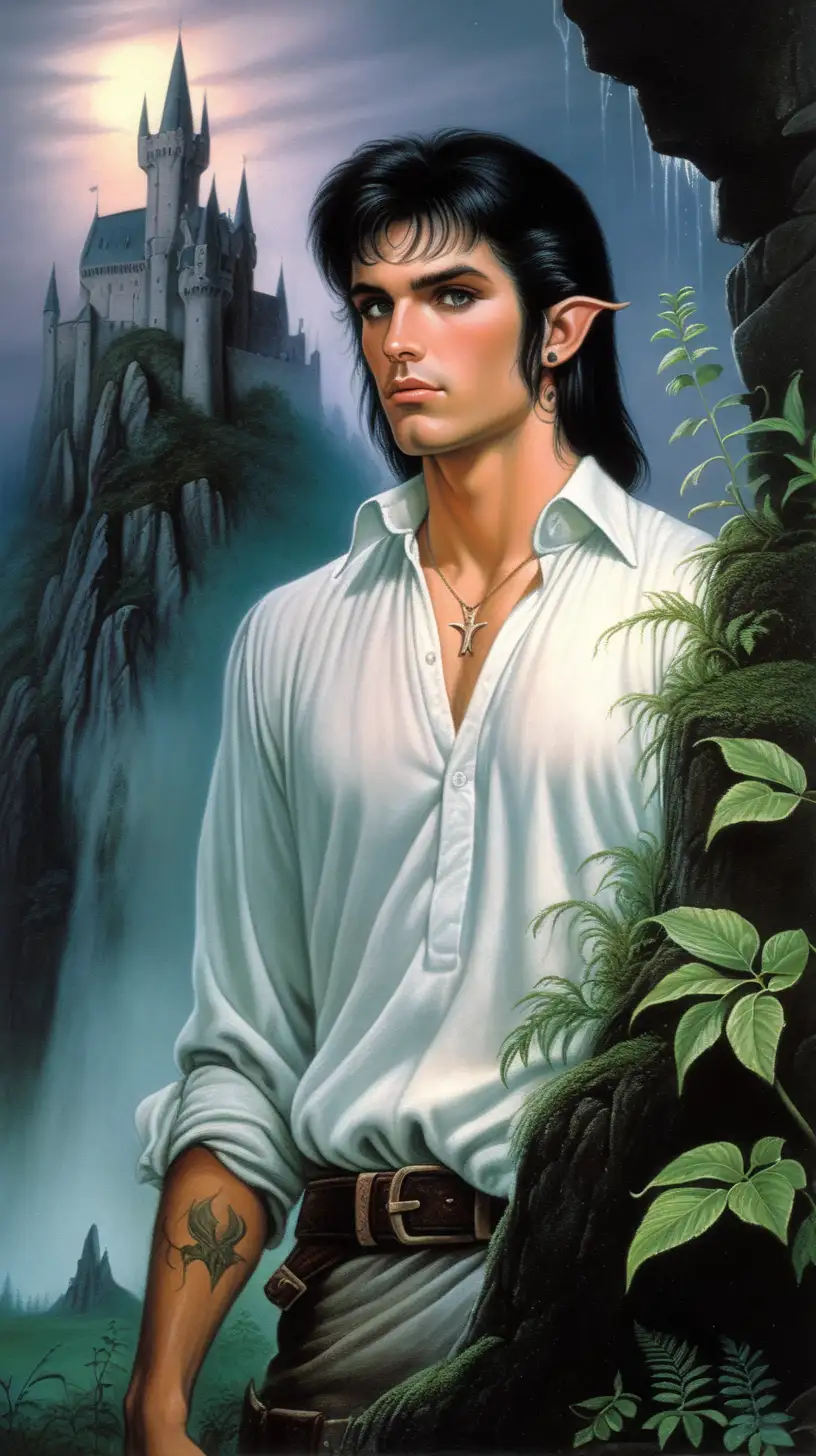 1980s dark fantasy book cover concept art, close up, beautiful young man with neck length black hair, elf ears, wearing white blouse with sleeves rolled, tattoos, inside run down stone castle, tons of plants, dark green, dark scary moss, fog, twilight hour, 