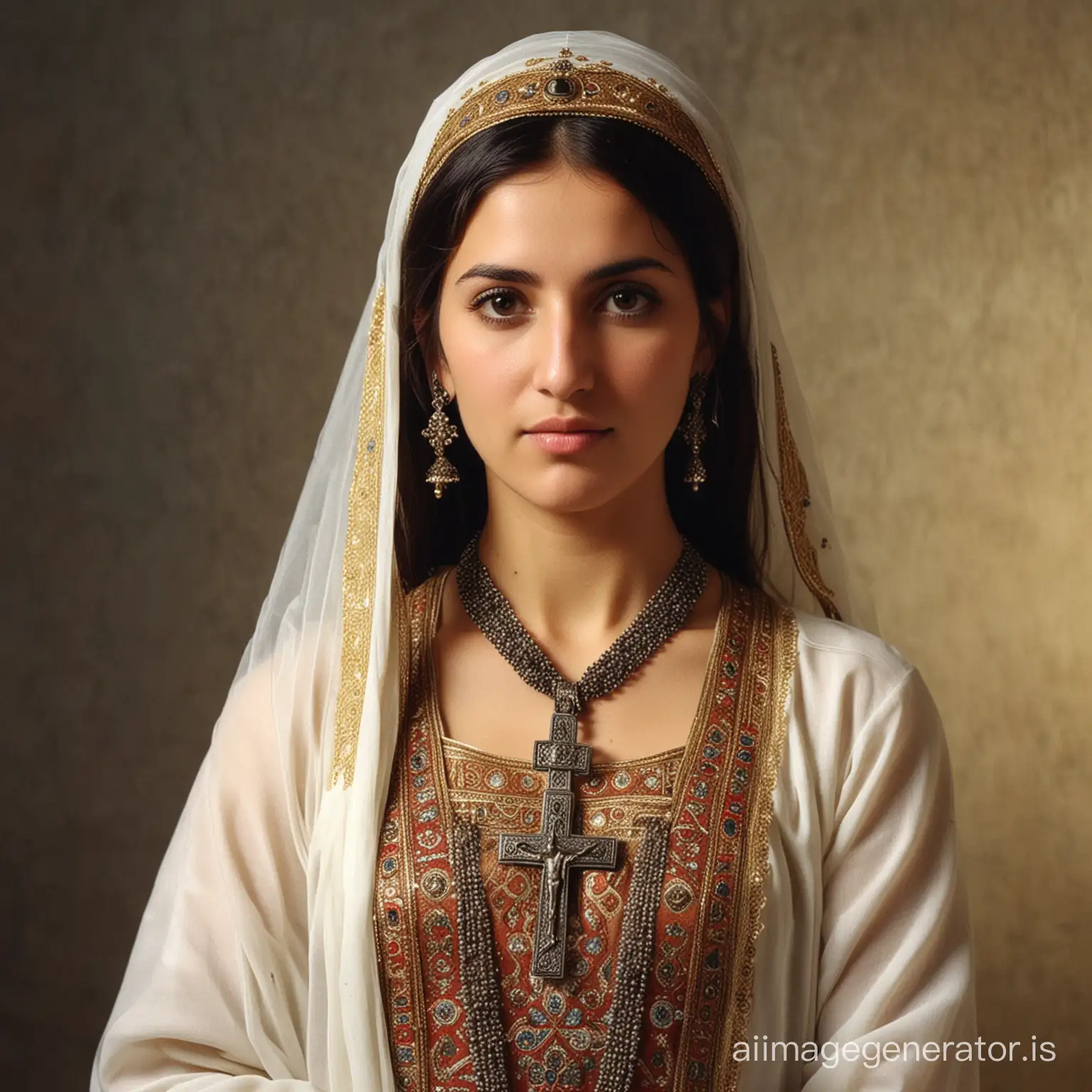 Katranide wife of Gagik Bagratuni 970-1025 year around  his neck was a necklace with a cross and simple dress the veil on the head  she christian and sponsored the construction of the temple of Ani armenian