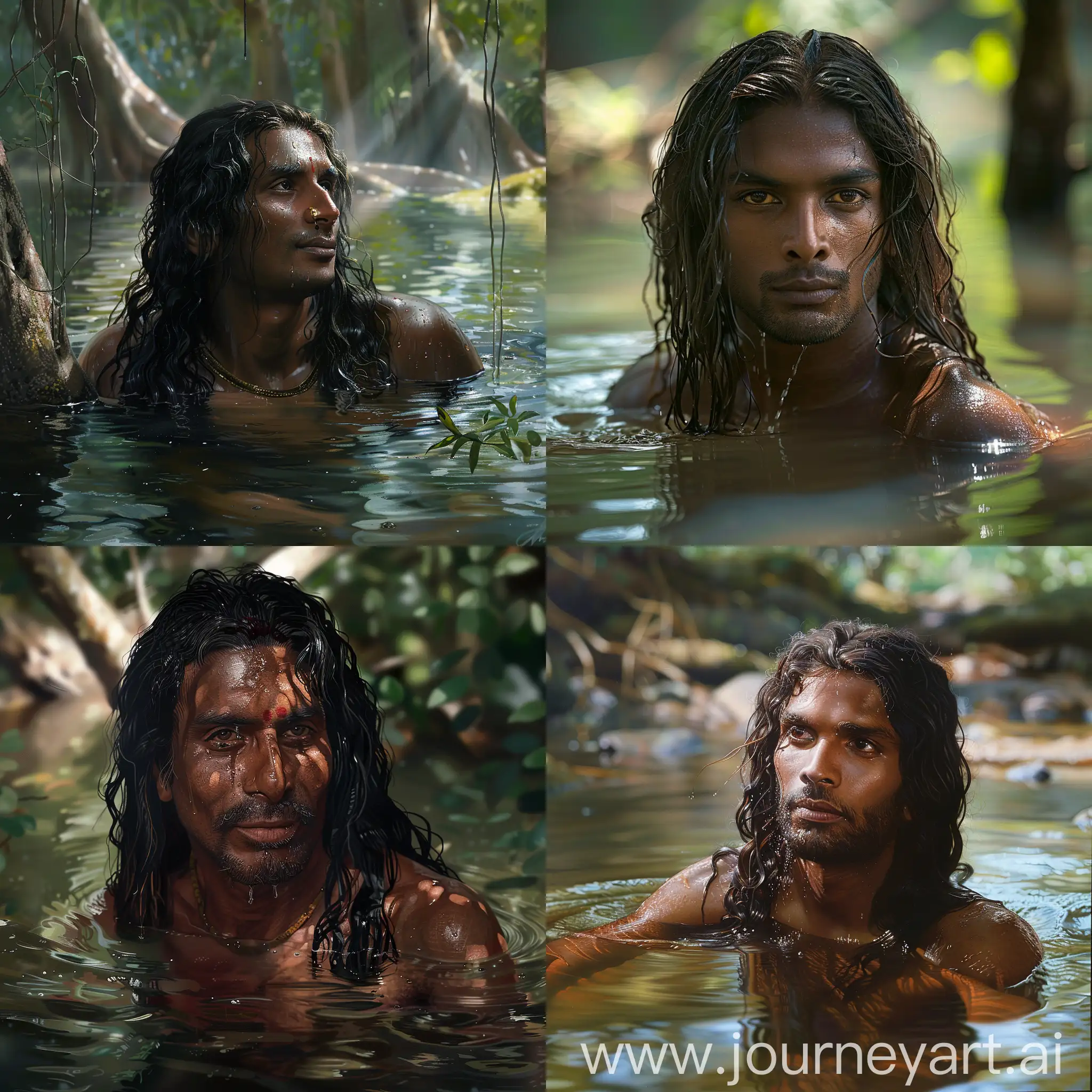 Ancient man of South india from northern kasaragod, age of 30,bathing in forest lake, he had very long hair, he is masculine, black skinned,brown colour eye
