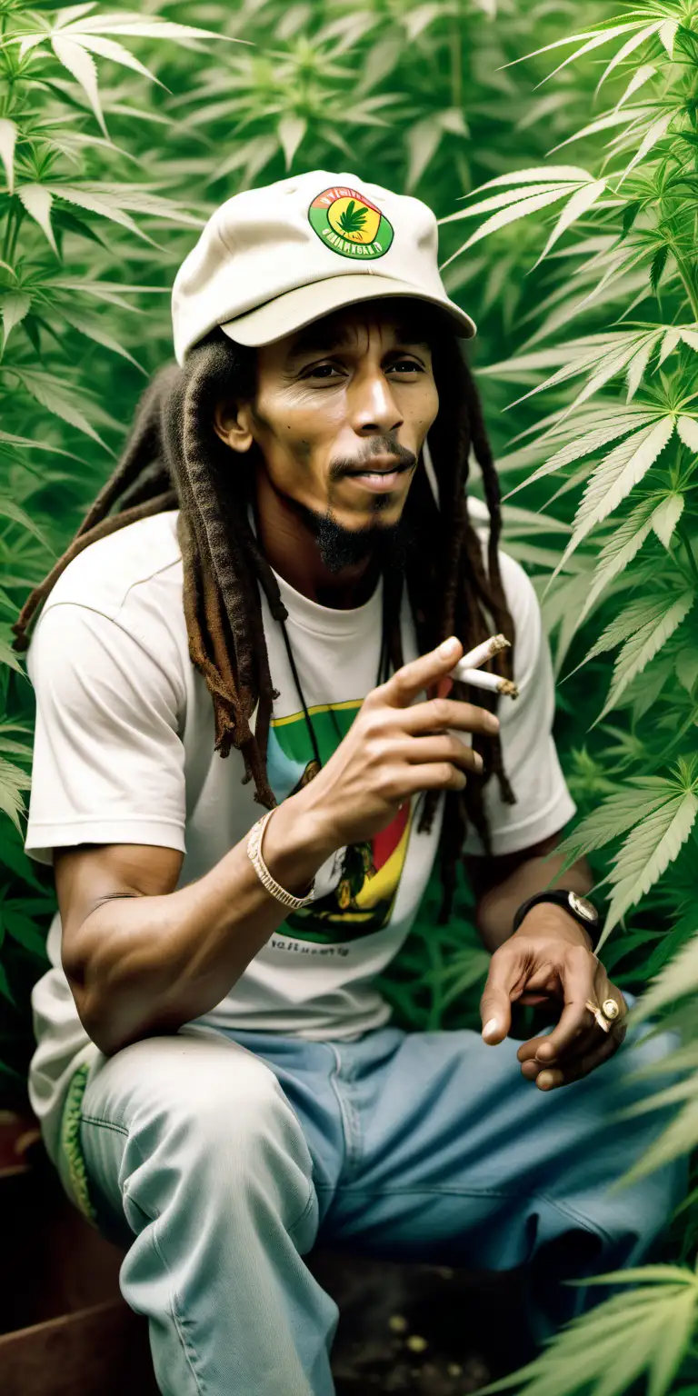 bob marley wearing a baseball cap in a cannabis cultivation smoking a cigarette