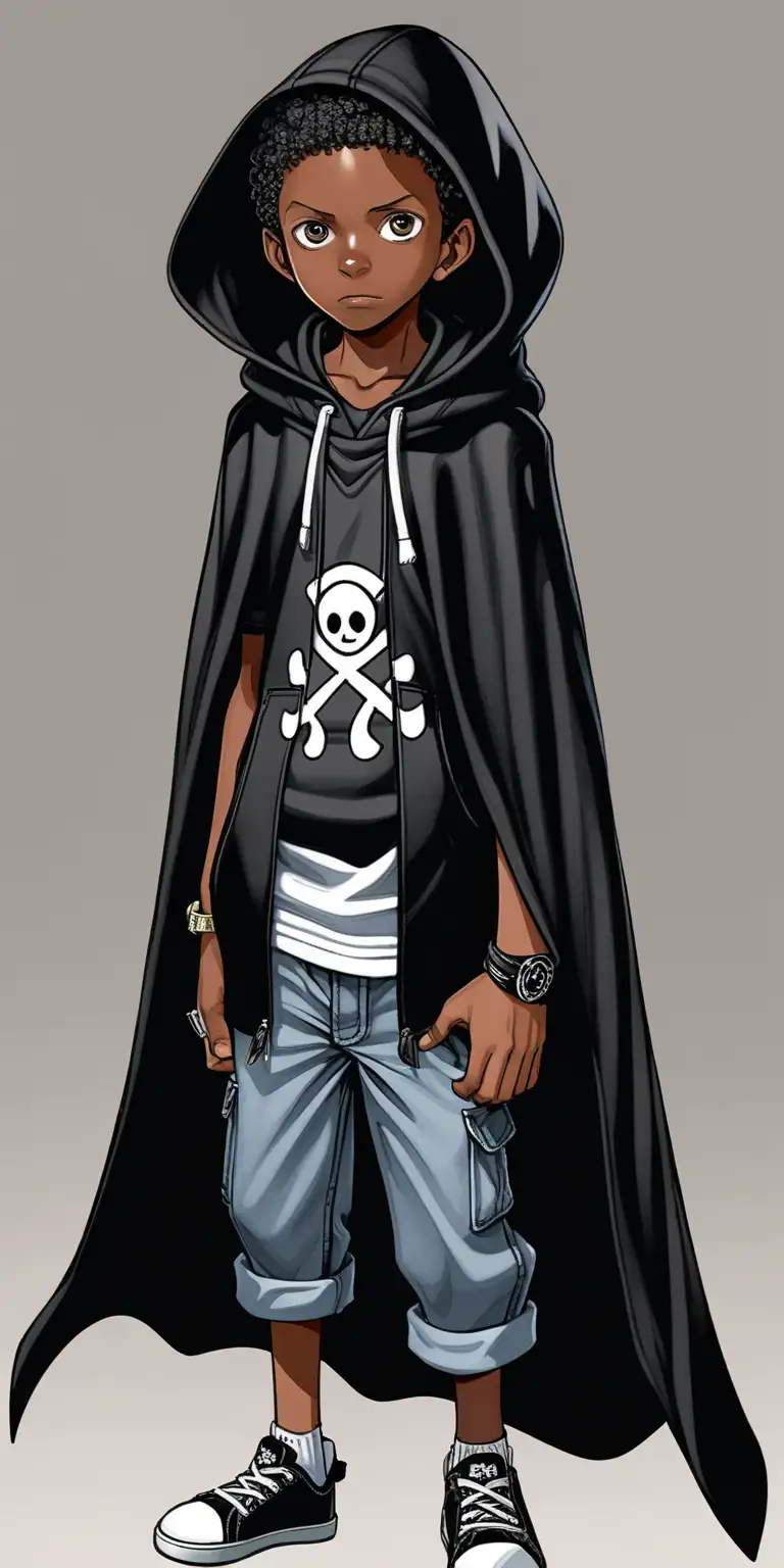 an 11 year old boy who has black skin and grey eyes, wears a black cape that has a hoodie, one piece drawing style.
