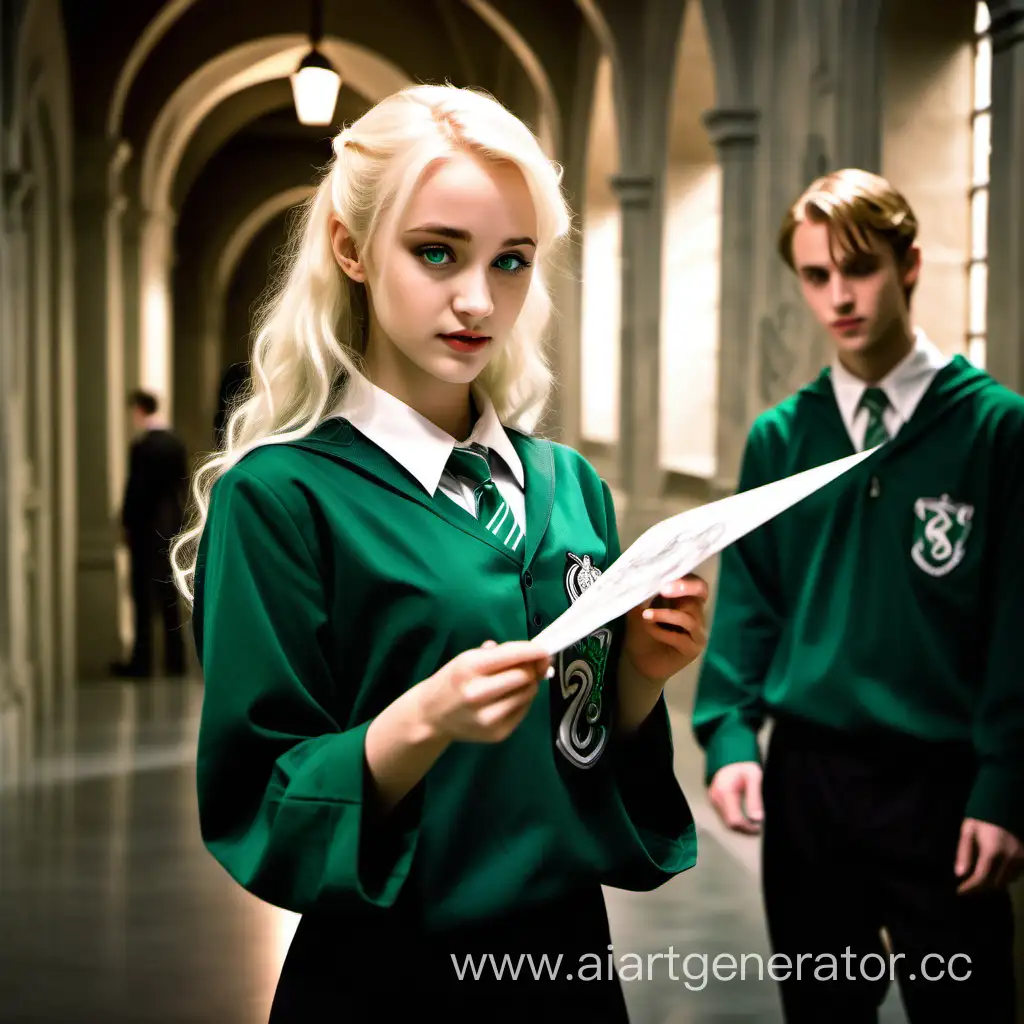 a beautiful young, attractive hot girl with blue eyes, with light slightly curly hair in a Slytherin uniform in the corridor was reaching for a drawing in the hand of a young handsome hot attractive guy Draco Malfoy in a Slytherin uniform.  There are a couple of friends standing in the background.  side view, takes a piece of paper from the guy’s hands