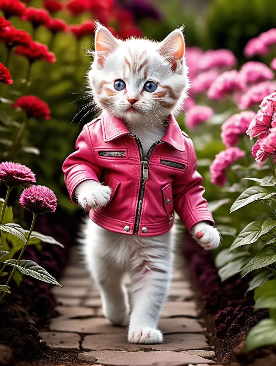 White baby cat. Beautiful. wearing a red and pink leather jacket. Hat. shoe. Chasing butterflies in the flower garden. very funny.