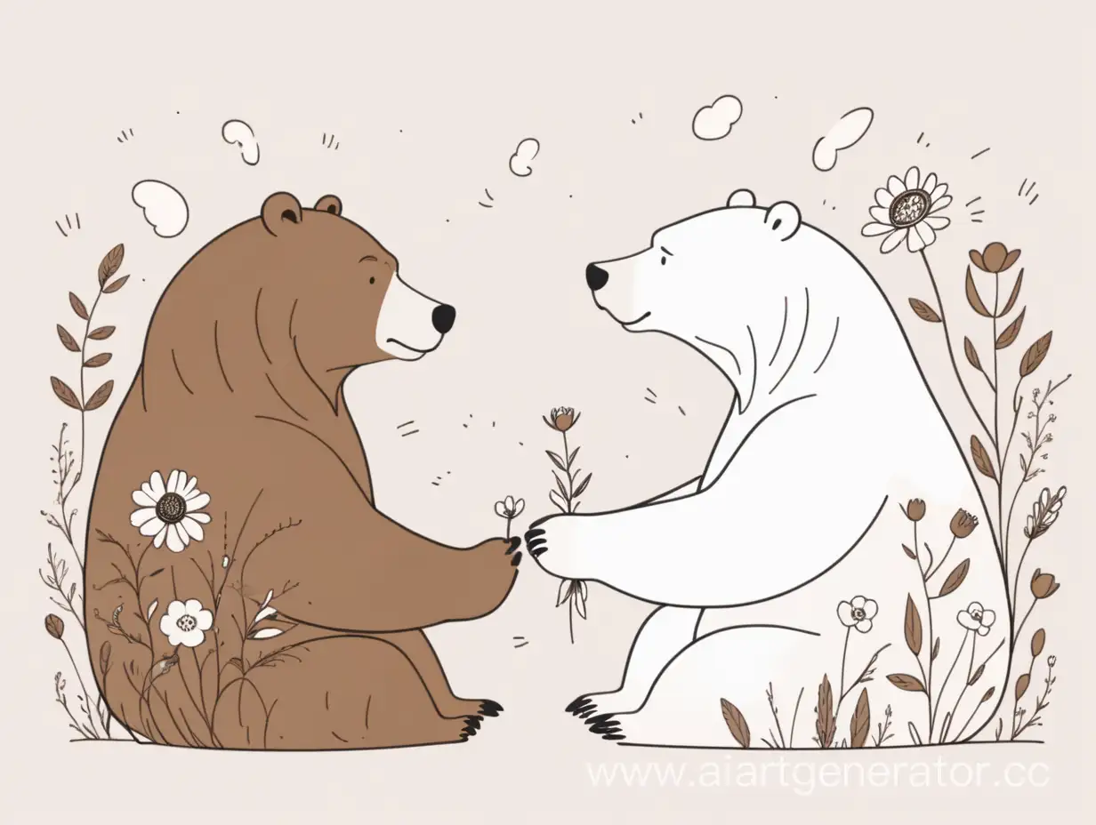 Minimalistic-White-and-Brown-Bears-Communicate-Amidst-Wisdom-Flowers