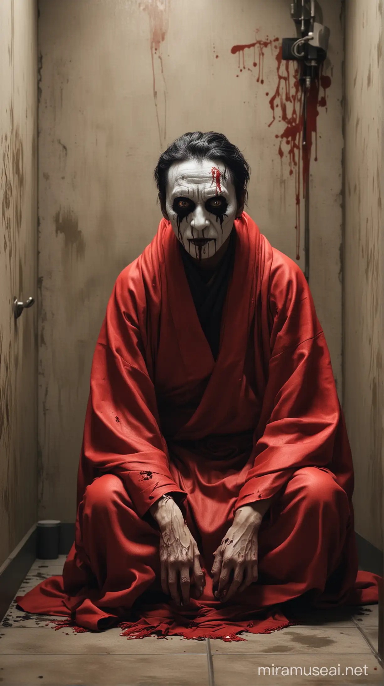 Create a realistic 4k image of the urban legend from japan aka manto, a masked spirit wearing a red cloak with scary large black eyes sitting down in a public bathroom with blood on the walls