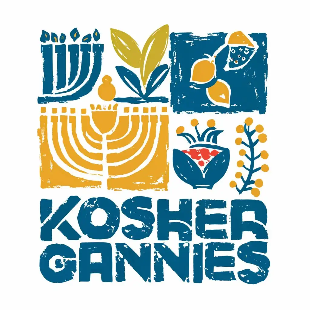 logo, Israel, yellow, blue, white, green, Menorah, Paul Klee, pomegranate, fig, with the text "Kosher Grannies", typography, be used in Automotive industry