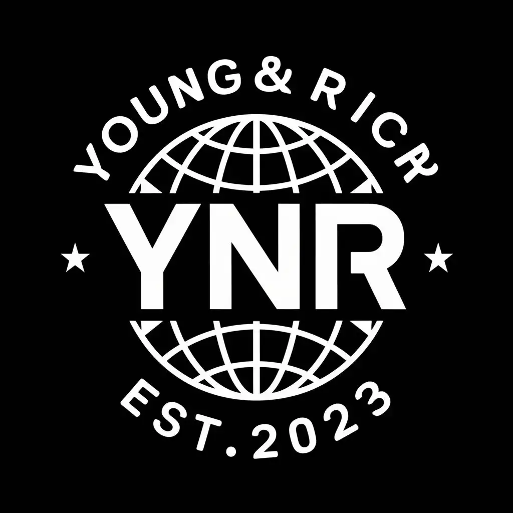 logo, Globe outline star, with the text "YNR 
Young&Rich
Est.2023
", typography