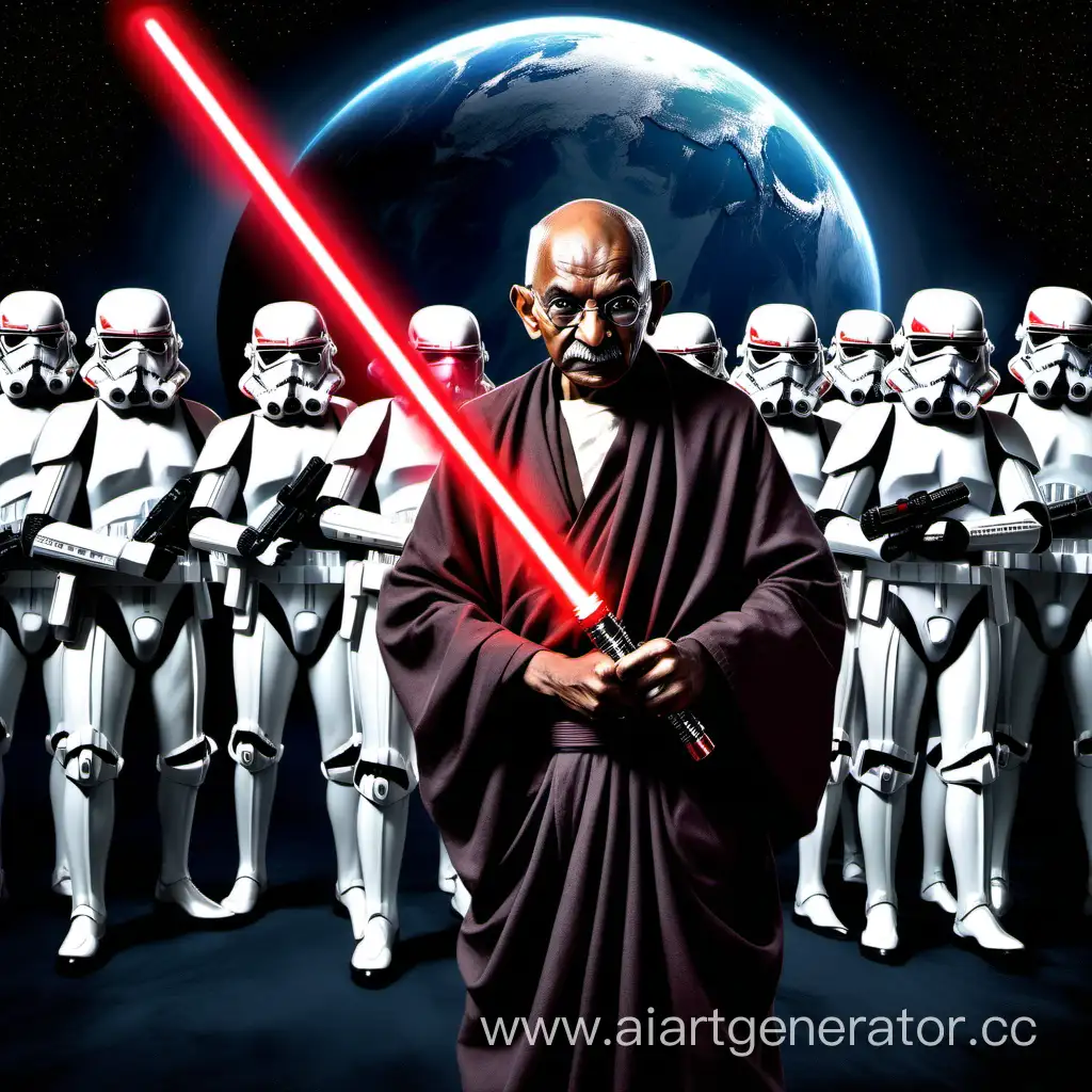 Mahatma Gandhi dressed as sith lord , carrying red lightsaber, intense look, with Death Star as background, surrounded by clone troopers