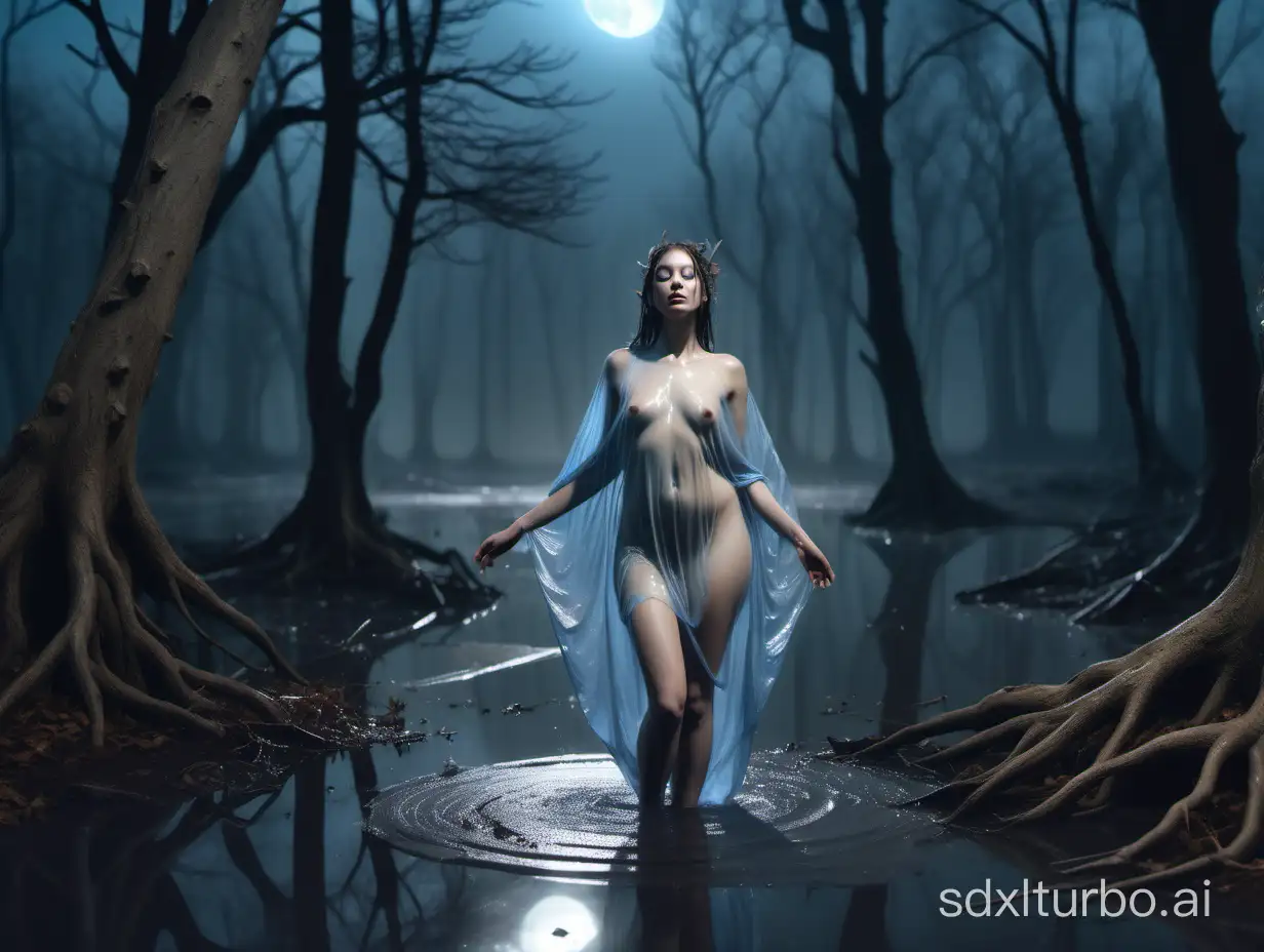 A beautiful nymph, with a transparent, wet tunic, over a puddle of water, in a dark and gloomy forest, with dry trees and very thick fog, and a blue moon in the sky, HD, 4K, SDXL, realistic, very detailed, high quality