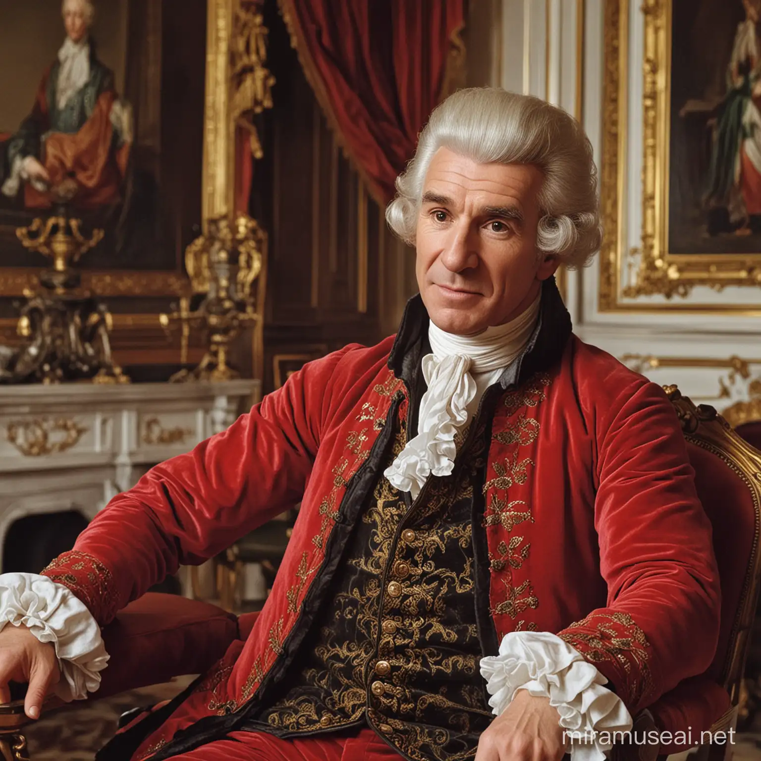 Austrian composer Joseph Haydn, hook nose, baroque wig, red baroque suite, sits in an Austrian palace