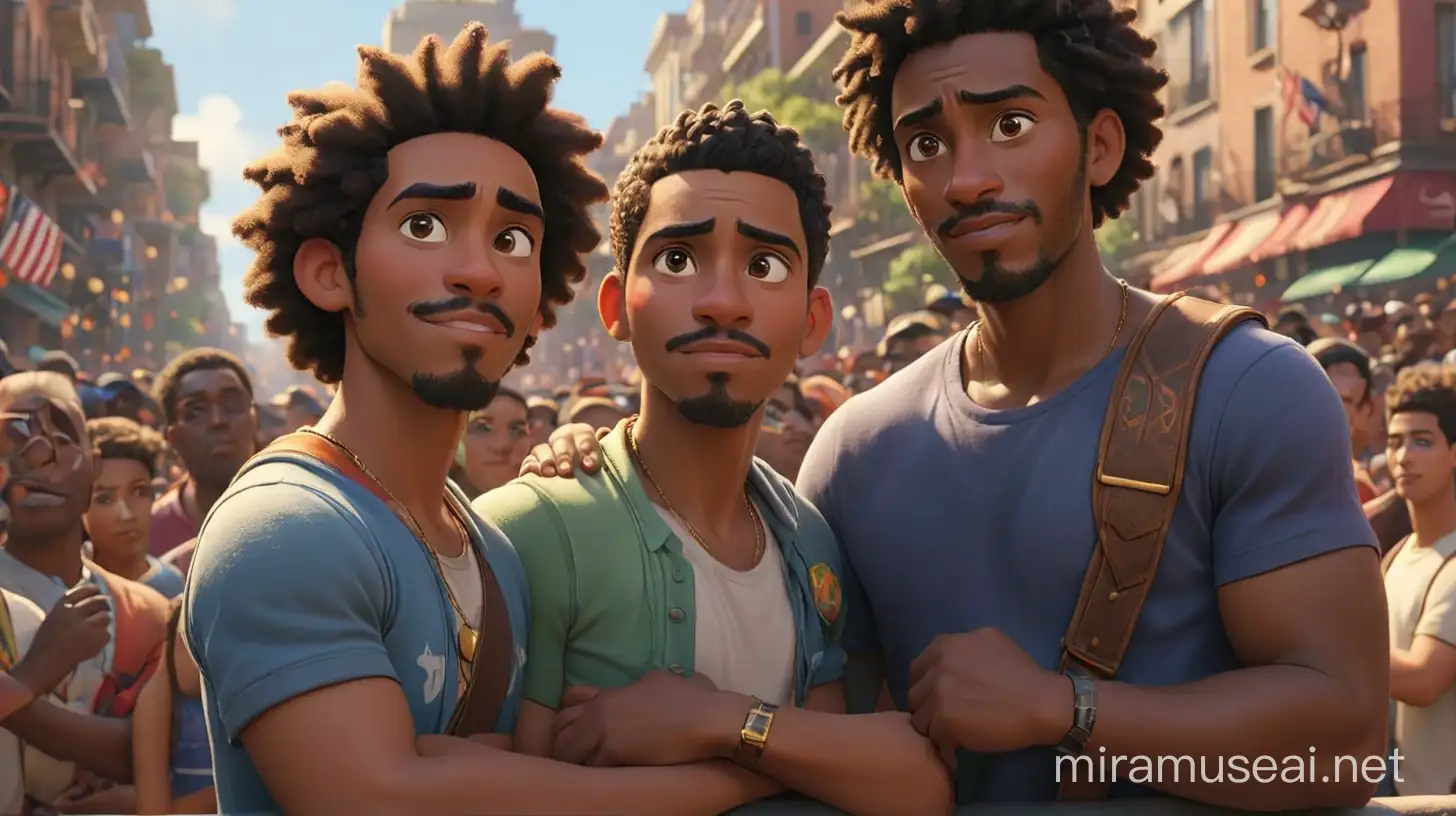 create a close up image of  two men on is an African-American men and  the other is a Puerto Rican man. The Puerto Rican man has his arm around the shoulder of the African-American man as they are watching a parade surrounded by a crowd of people, ]] illumination, Disney- Pixar style illustration 3-D Animation, 4k
