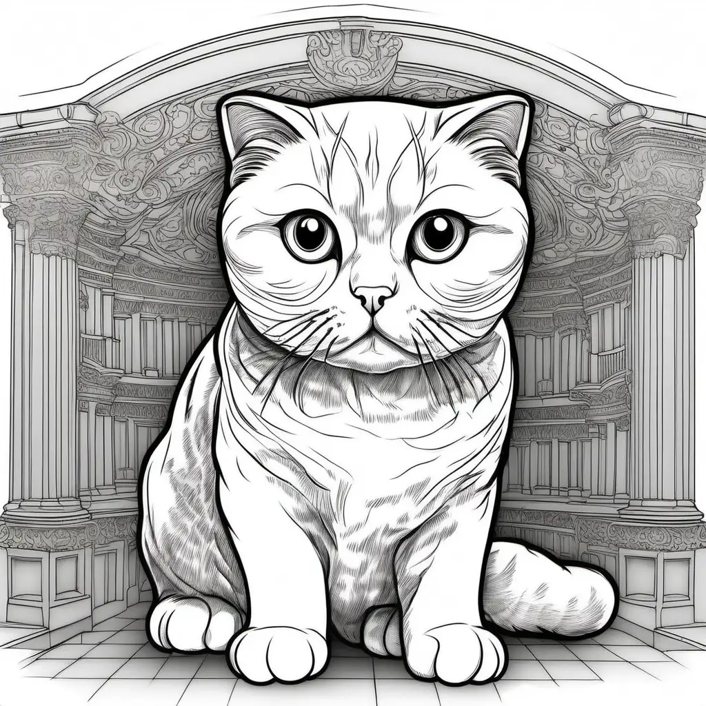 Generate a detailed coloring page designed for adults, featuring a full-body Scottish-Fold breed cat. The Scottish Fold breed is characterized by its distinctive folded ears, which are typically small to medium in size and fit proportionally with the cat's head. The fold in the ears starts from the base, near the head, and continues downwards, covering a portion of the ear. The Scottish Fold cat breed is known for its sweet and endearing expression. Key elements of a Scottish Fold cat's expression include:
1.	Round Face: 
2.	Large, Round Eyes: 
3.	Short Nose: 
4.	Folded Ears: 
5.	Regal Demeanor: 
The background should be Edinburgh Castle. Ensure that the cat is the focal point of the image. The page should be filled with intricate details and in black and white, avoiding the use of grayscale. Aim to create a stress-relieving experience for adult artists by capturing the beauty Edinburgh Castleand the regality of the cat in a harmonious composition. Ensure that the 2D outline image fills the entire page.

