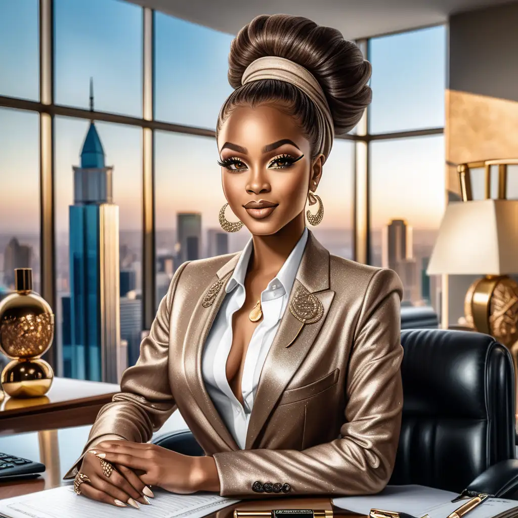 create an airbrush illustration of an thick african american muslim beauty with luxurious glitter makeup, her hair is light brown natural hairstyle, she is flawlessly dressed in a tailored classy suit, she looks like a rich CEO, seductive smirk on her face, bougie diva vibes, high-rise office with lavish decor & panoramic windows

