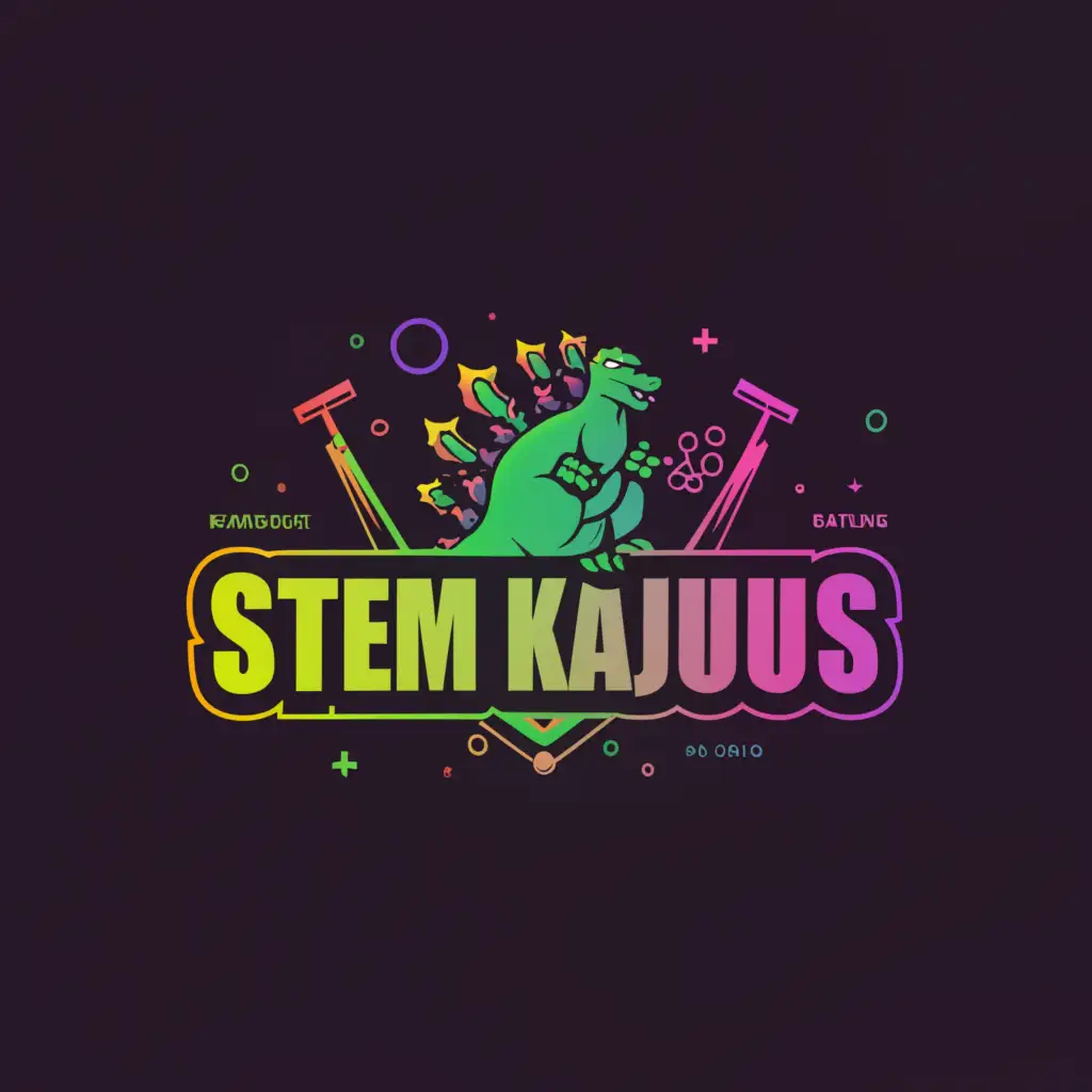 a logo design,with the text 'STEM Kaijus', main symbol:Godzilla, with colors Purple, Red and a hint of Green,Moderate, clear background, add a circle around it and add stuff related to science to make it educational, Can you add this in a T-Shirt