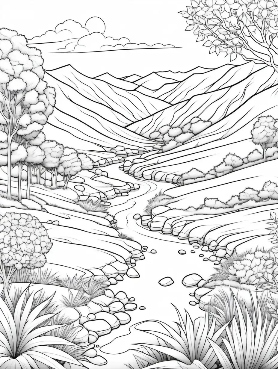 coloring book, black and white, no background, landscape