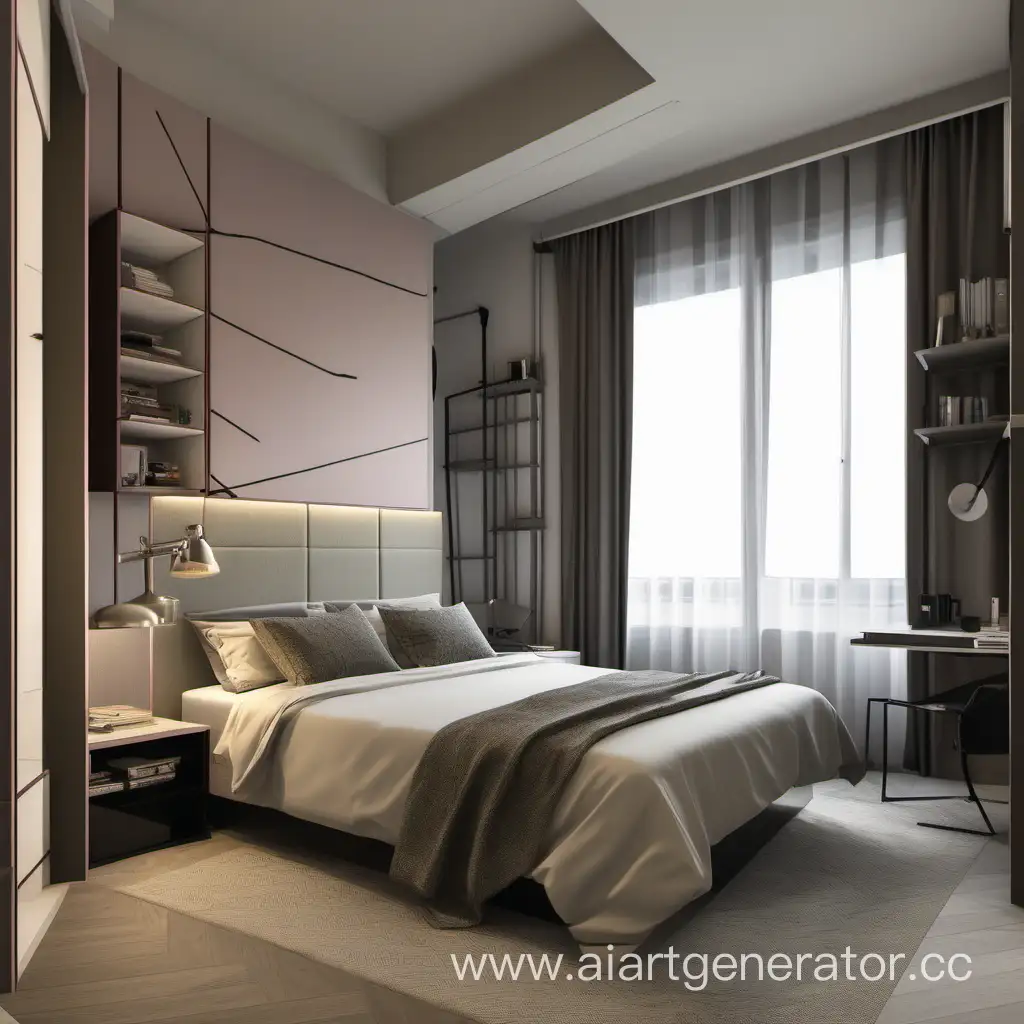 Спальня стримера в стиле модерн с двуспальной кроватью