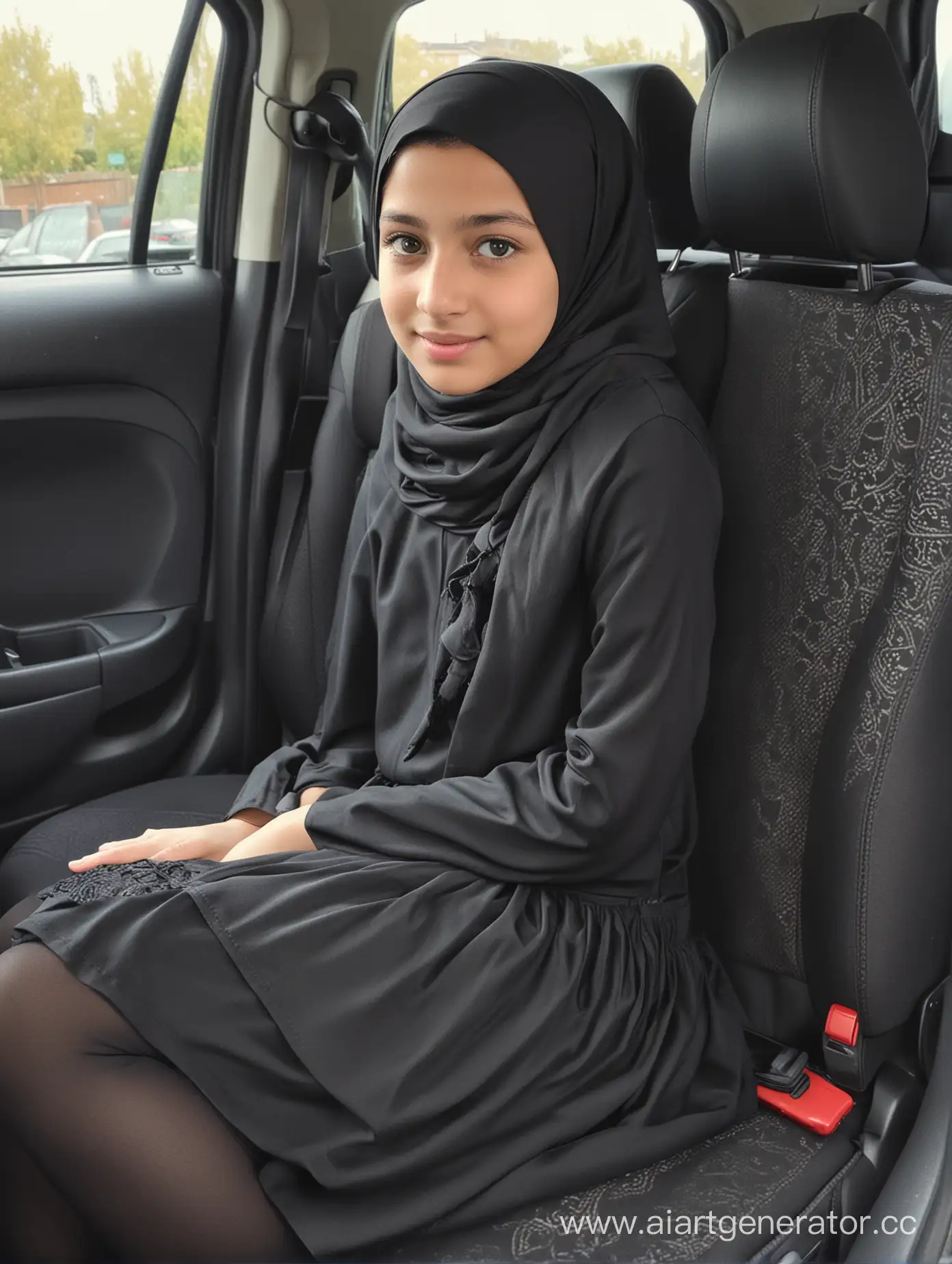 A little girl, 12 years old, hijab, mini school skirt, black opaque tights, sits on the car seat , from driver side