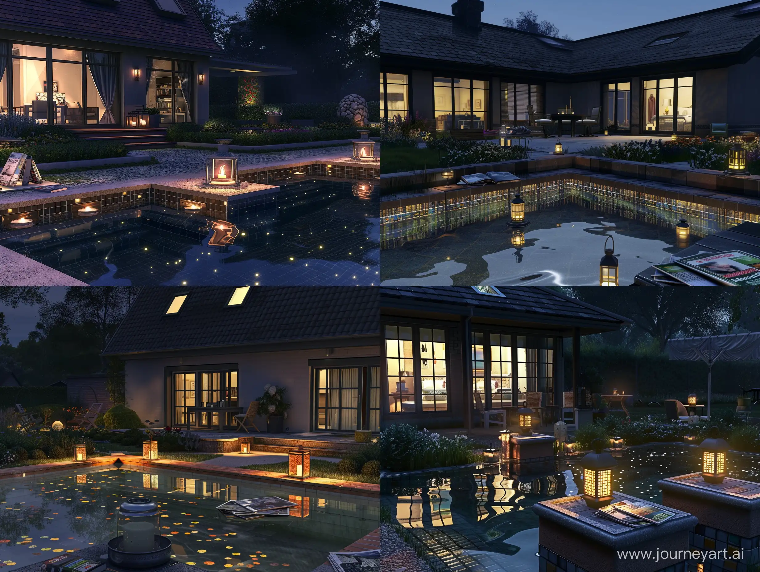 beautiful american style house with a roof, and windows, at night. a backyard with gardens, and small swimming pool, with edging and small tiled steps. modern lanterns reflecting in the transparent water. near is a little table with magazines and candles. there are two chairs near the table. 8 to ultrarealism, unreal engine, clear objects, beautiful night skies