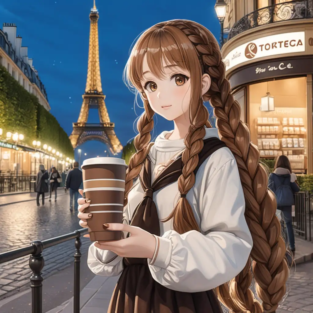 anime girl with a coffee in her hand and long brown breaded hair, standing in paris