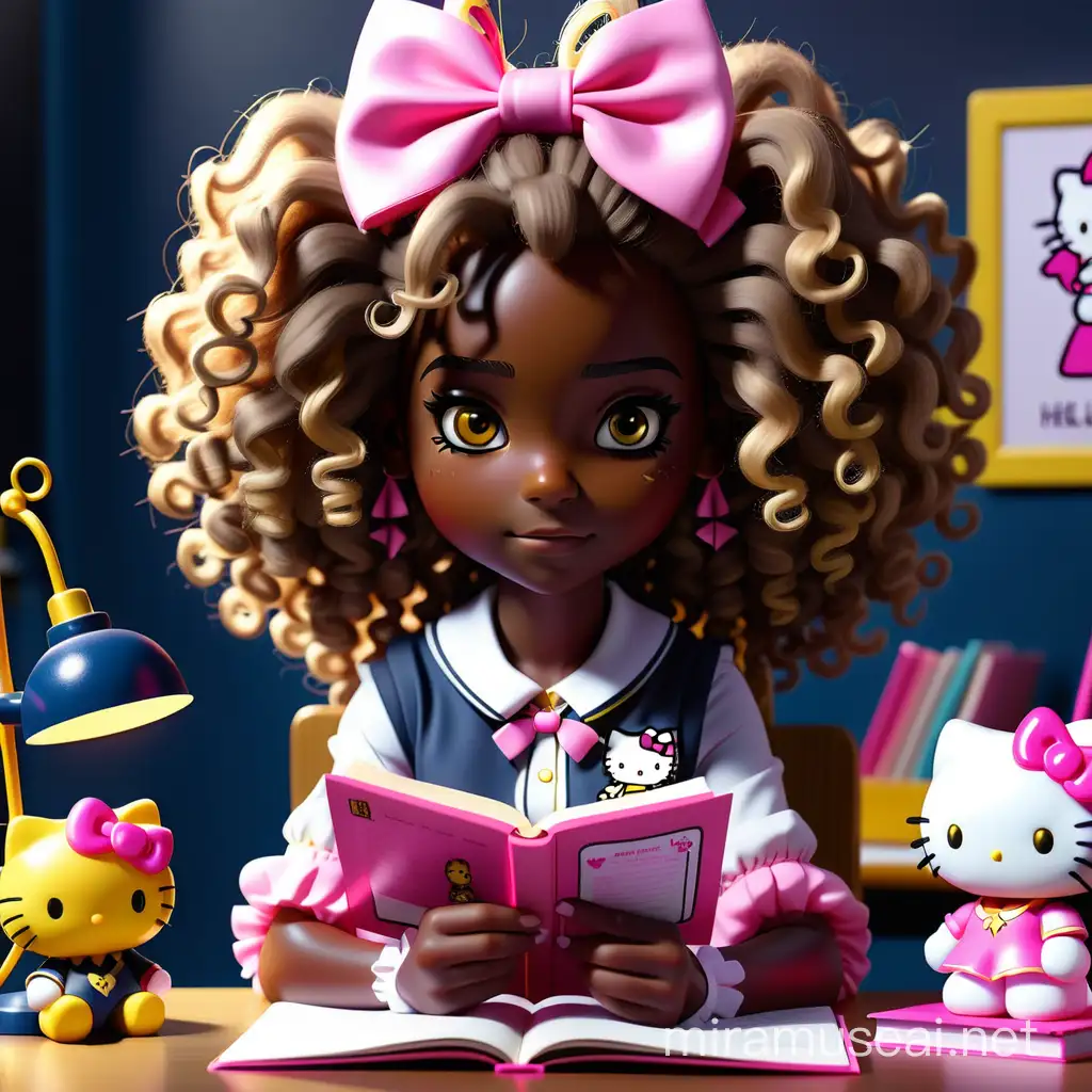 Bright African American Hermione Granger Reading with Hello Kitty