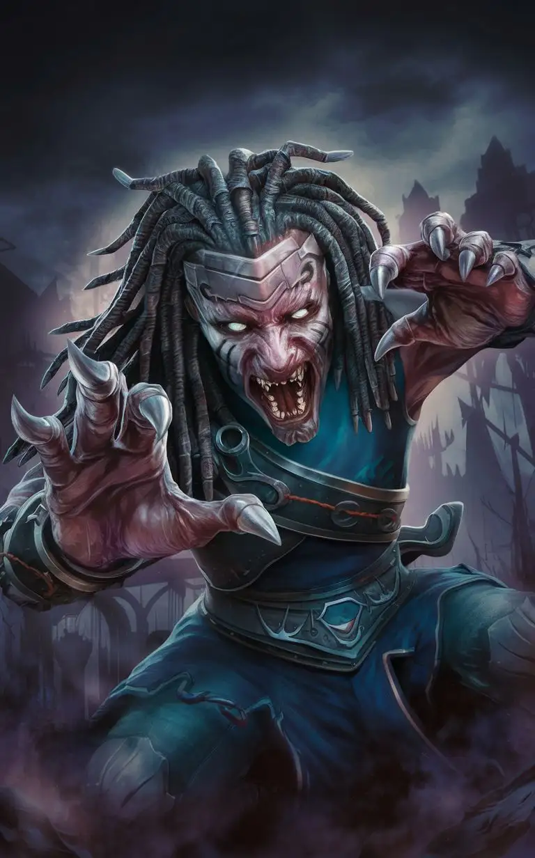 Masterpiece 4k best quality Art. Magic the gathering, Steelform Sliver creature, Prepares to attack towards the viewer, steel dreadlocks, sharp face, The face is woven from bones),blade sharp hands, predatory white eyes, In the background is the dark of Ravnica, a dark magic sky, (Magic the gathering), (Sliver), (Dark fantasy art), (horor art), ( Magic the gathering creature).
