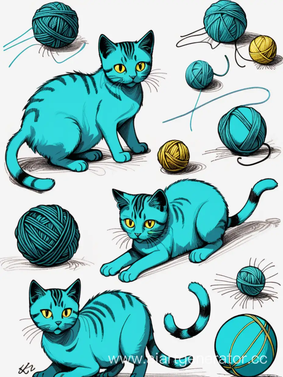 Playful-Turquoise-Cat-with-Sketches-and-Yarn-Ball