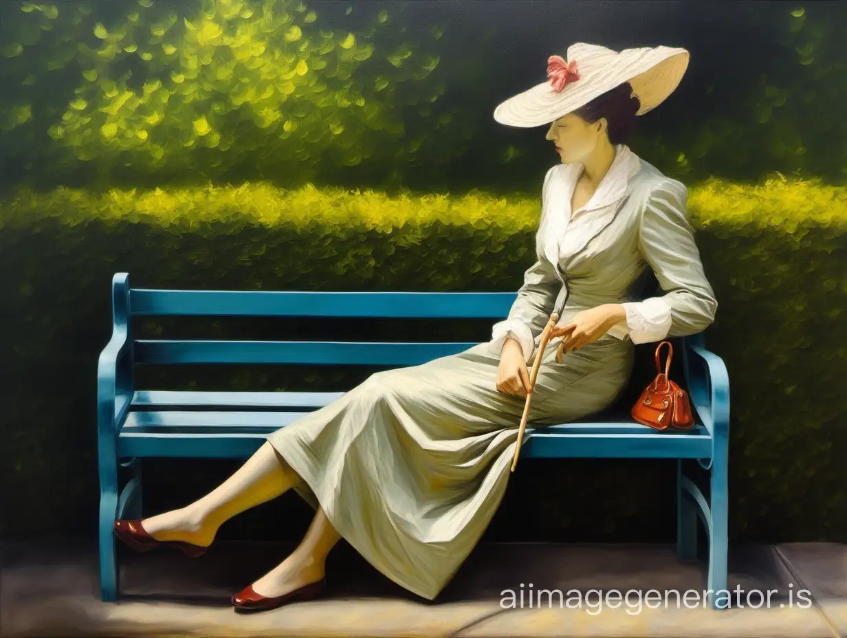 The lady with a cane is resting on a bench, an oil painting