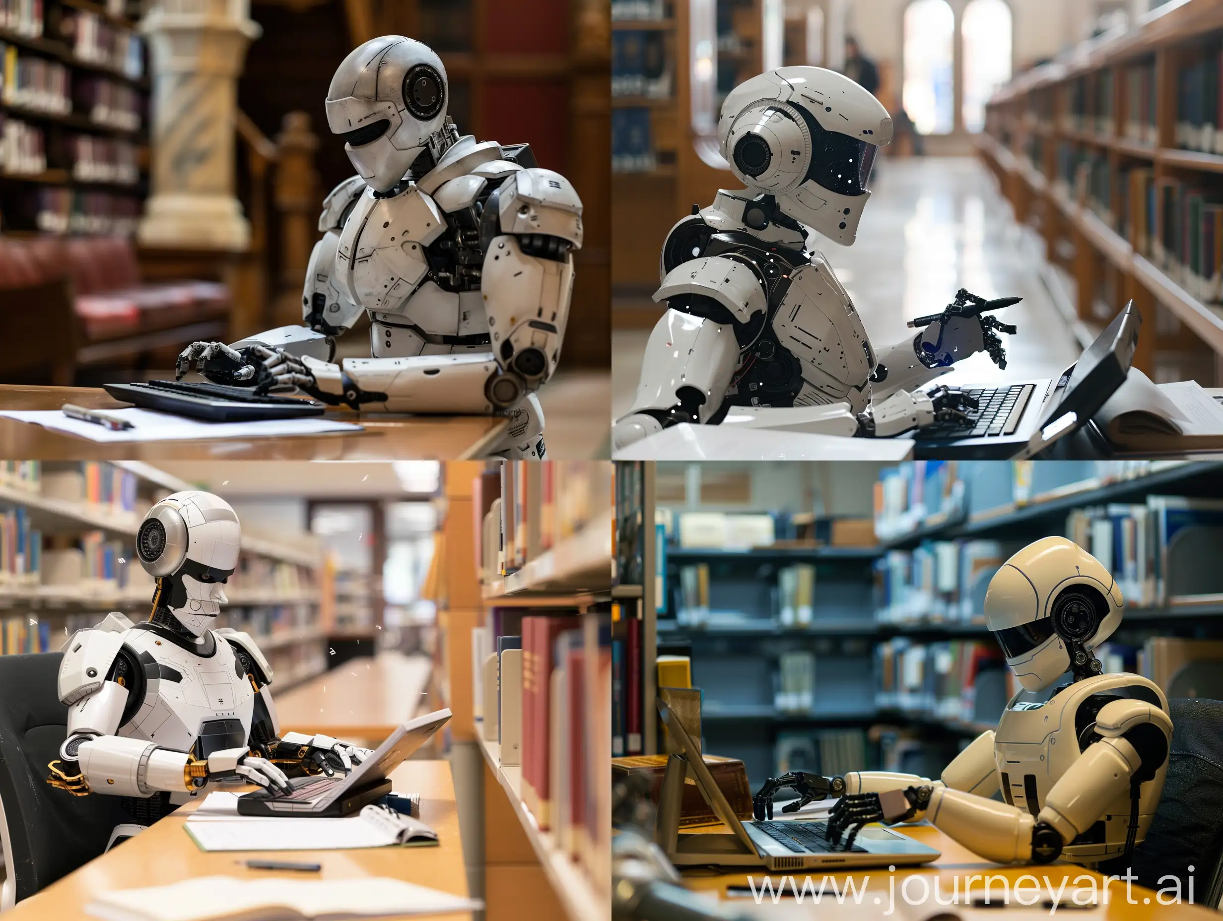 A robot typing a university assignment. He is sitting in a library. The background should be blurry. 