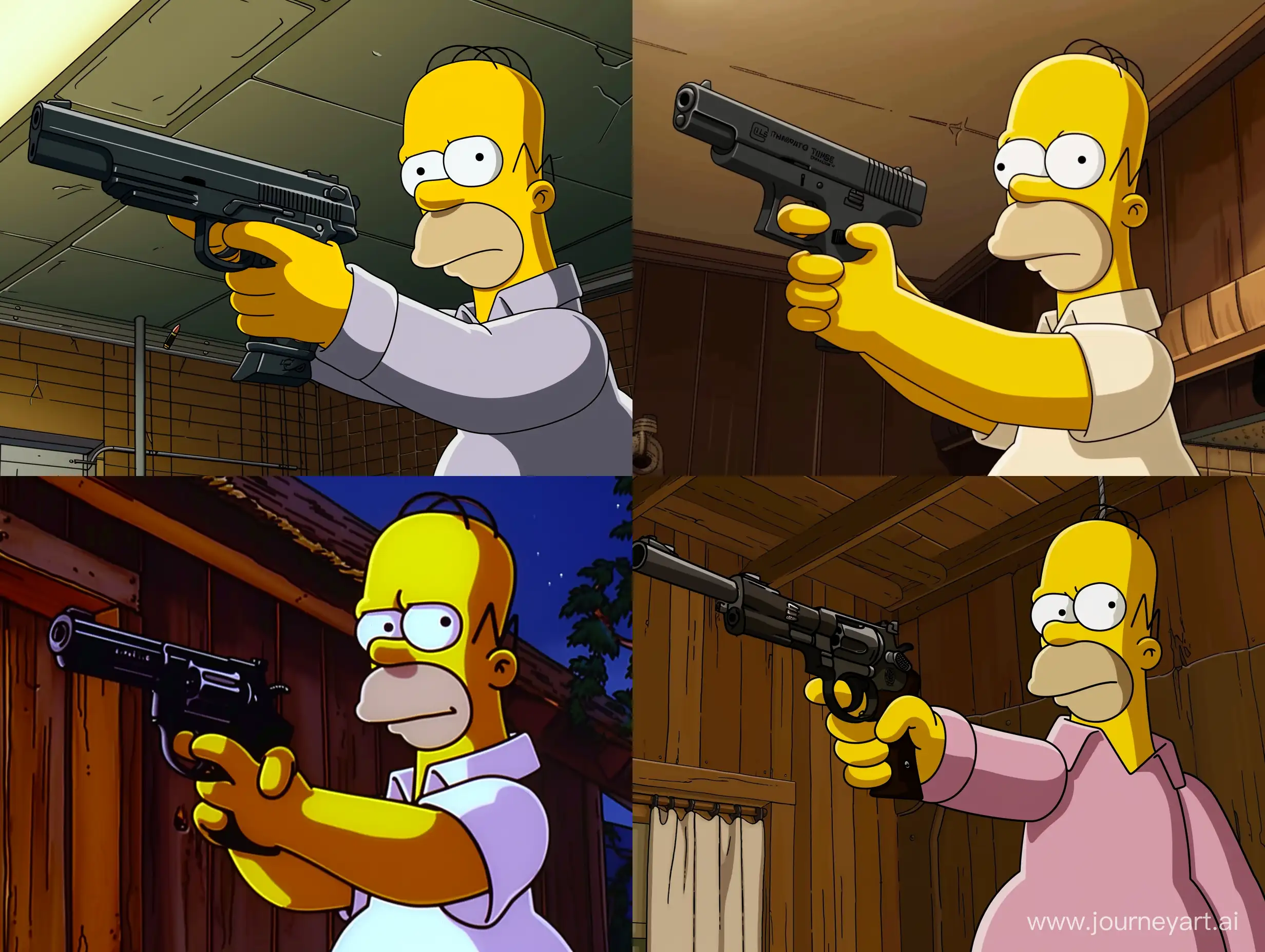 a still from the Simpson's, homer Simpson holding a thompson gun