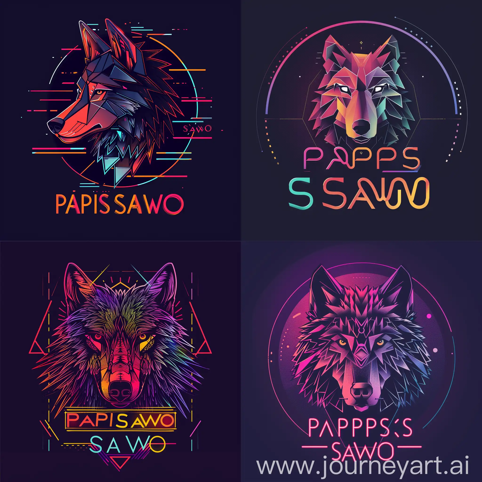 логотип  со словами "PAPIS SAWO", с изображением стилизованного волка в техно-стиле, неоновым шрифтом, волк в стилизованном графическом виде, с использованием геометрических форм и цифровых элементов, чтобы подчеркнуть техно-стиль логотипа, неоновый шрифт для надписи "PAPIS SAWO" добавит эффектного контраста и привлечет внимание к логотипу