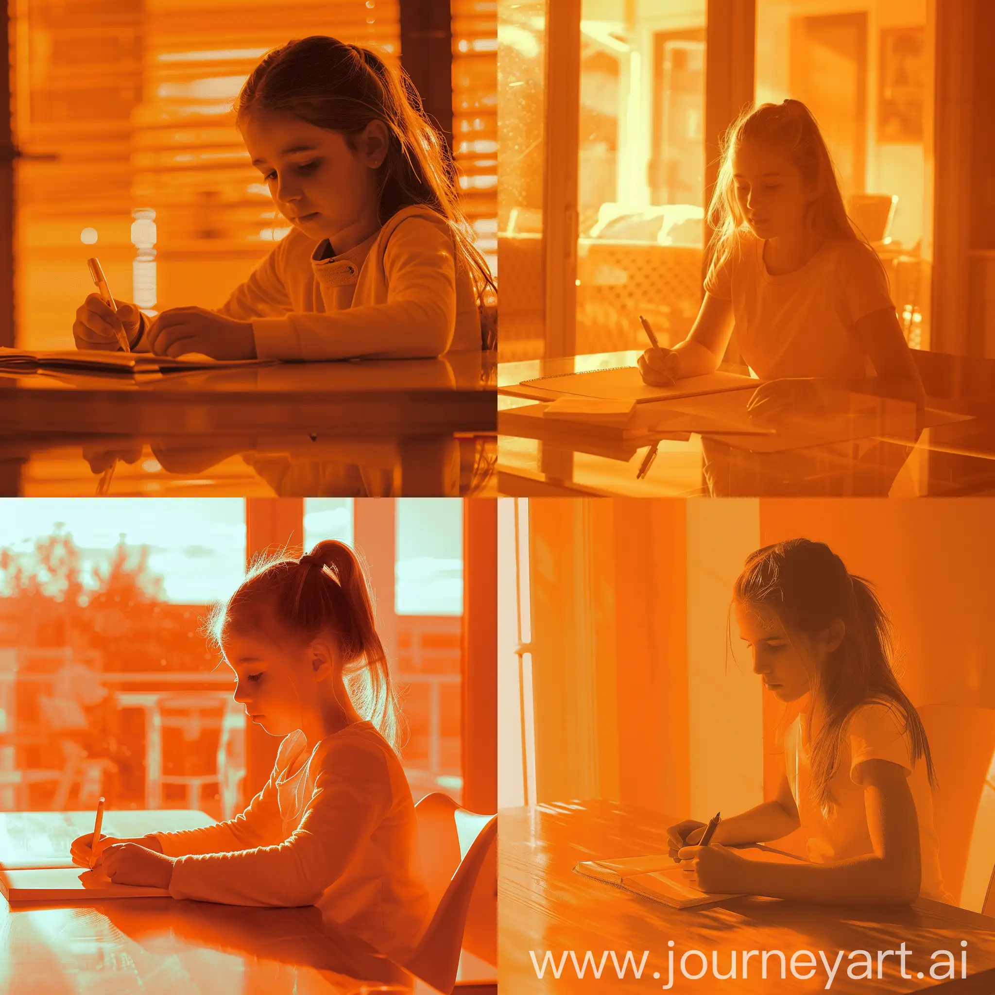 the girl is sitting at the table and doing her homework, the image is in orange shades
