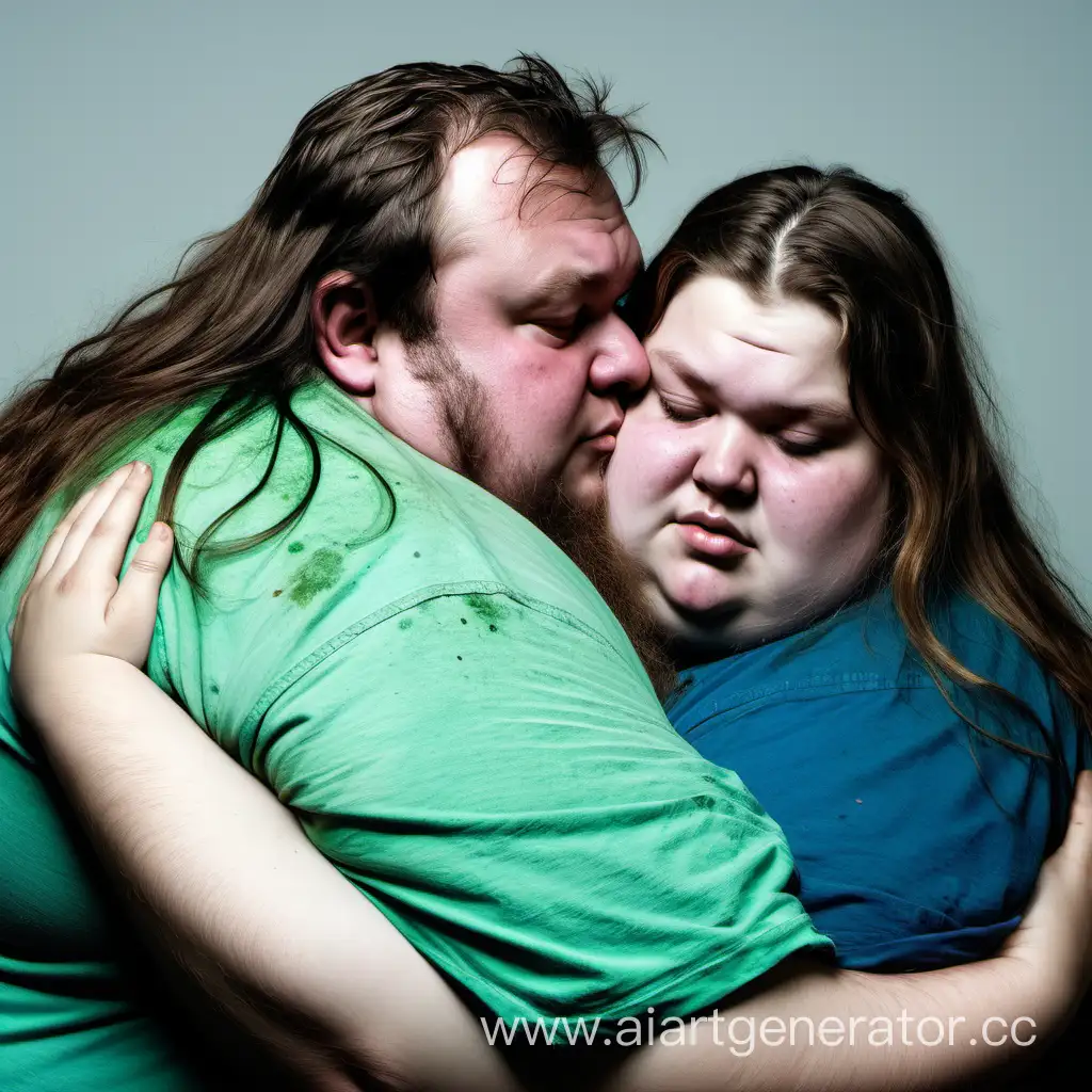 очень жирный не мытый мужчина  с  грязными длинными волосами обнимает жирную не мытую девушку с синя зелеными 