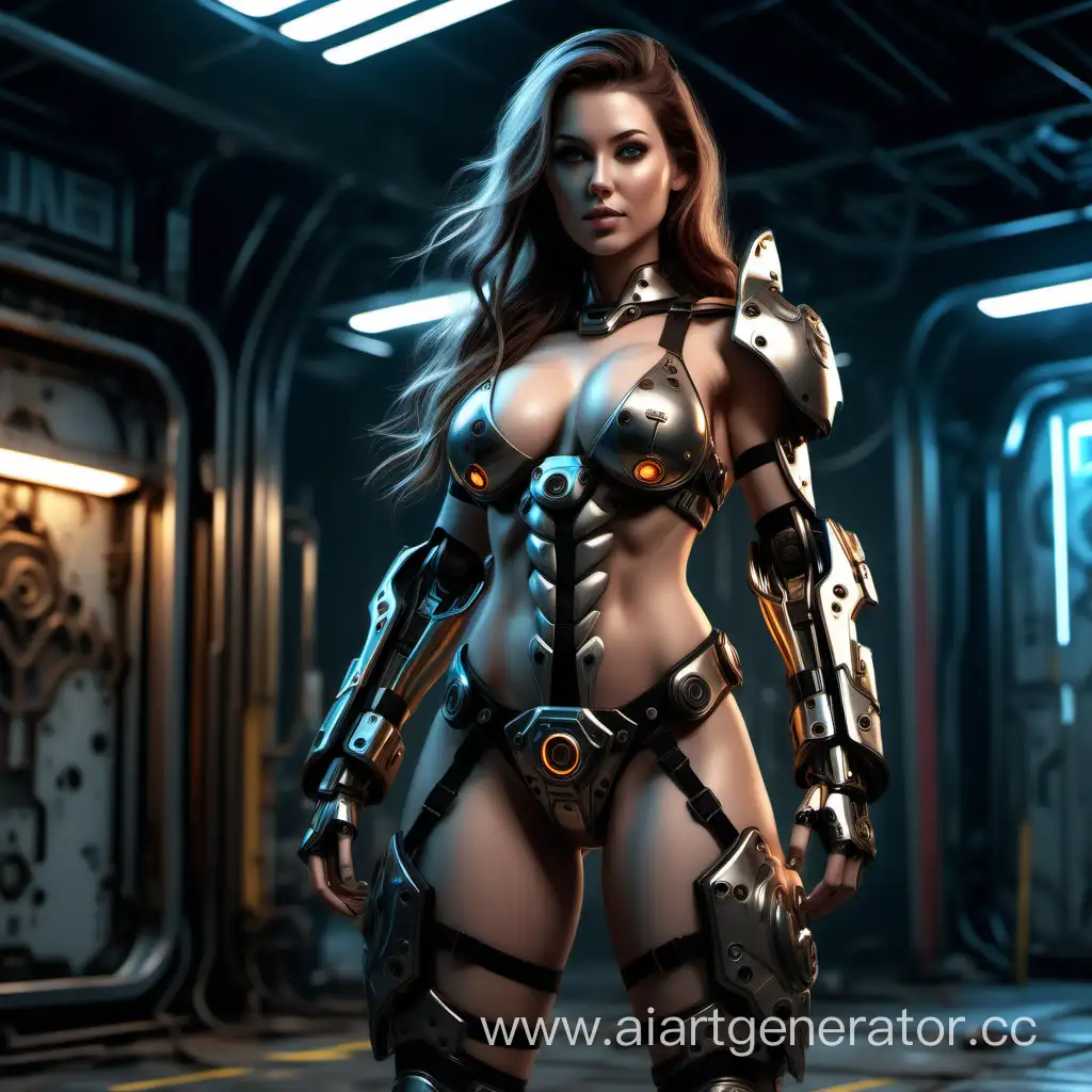 ((full body shot)), A long-haired baltic woman in her 30s with perfect hourglass buxom body slightly toned wearing a micro bikini style amor standing on a landing pad, small waist, neon ambiance, abstract black oil, gear mecha, detailed acrylic, grunge, intricate complexity, rendered in unreal engine, photorealistic, perfect lighting, rim lighting, extremely detailed, ((editorial illustration)), beautiful and cinematic composition make this piece a true masterpiece, trending on artstation, perfect ultra highly detailed, detailed perfect digital painting, intricated, clarity, high quality 8k