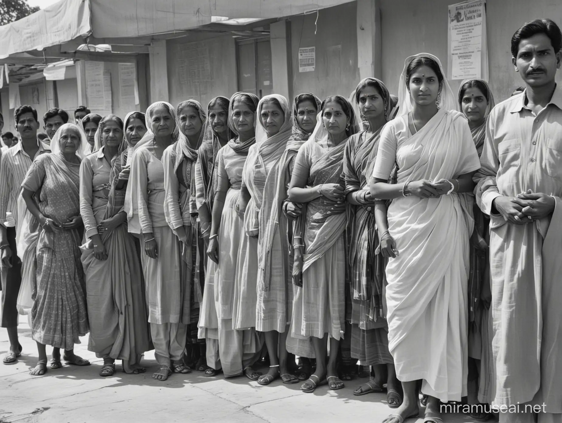 A group of Indian men and women are entering a polling booth to vote for the first time in 1952. 