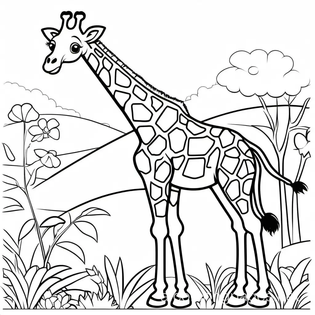 cute giraffe eating , Coloring Page, black and white, line art, white background, Simplicity, Ample White Space. The background of the coloring page is plain white to make it easy for young children to color within the lines. The outlines of all the subjects are easy to distinguish, making it simple for kids to color without too much difficulty
