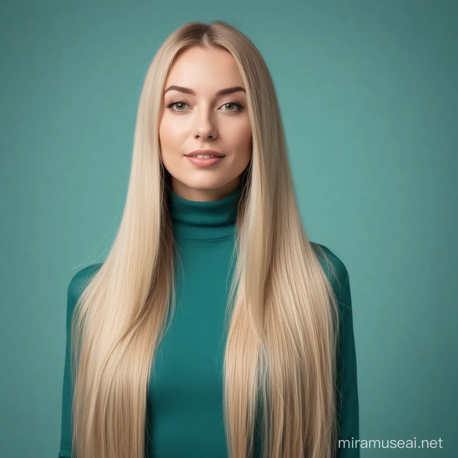 Elegant White Woman with Flowing Straight Hair on Teal Background