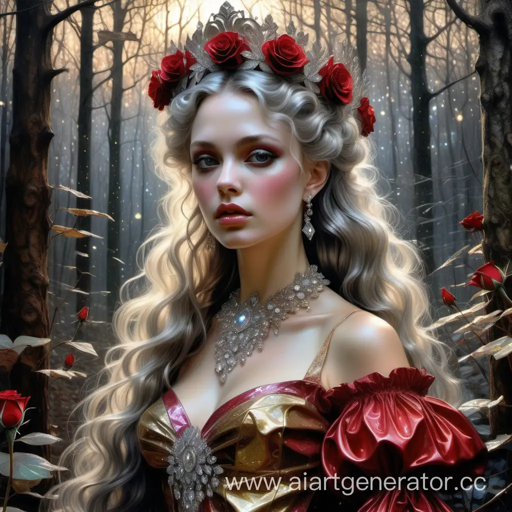 Gothic style rococo, artist by Sara Shakeel Glitter drawing the iridescent crystals sparkling swarovski pattern art women wavy beautiful hair glitter art Sara Shakeel, iridescent glitter swarovski red dress, Portrait of a Lady women ultra highly detailed, very shine cristal glitter hyper realism, romanticism, neo classicism, cristal hair, diadem of goals, forest, flowers in the forest, trees, crystal glitter colorful hair, gold royal dress, crystal glitter beautiful and magical soft silver glitter style by Steve hanks, Jean Baptiste Monge, fantasy intricate rose tones very attractive beautiful ultra detailed Steve Hanks Iridescent Jeremy Mann Jean Baptiste Monge shabby chic watercolor, wet on wet, splash fast strokes, style of by Ivan Shishkin
