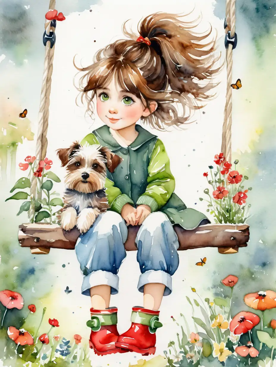 watercolor with lots of fine detail, sweet little girl with extreme amount of brown wispy hair, big green eyes, sitting on a wood swing with her little dog, wearing red rubber boots, swing in a flower garden