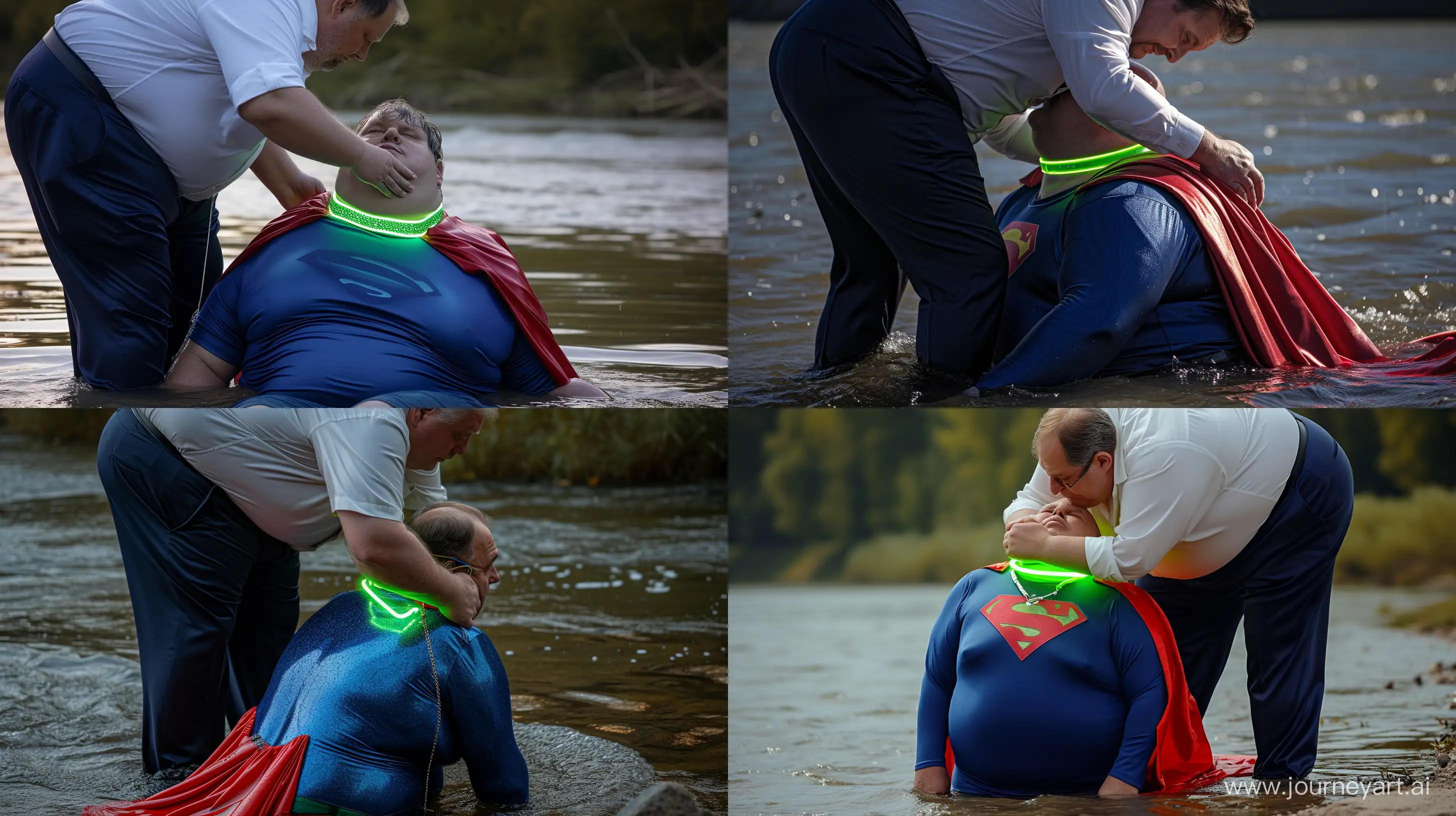 Eccentric-Superhero-Emerges-Man-in-Vibrant-Costume-Receives-Unique-Neon-Dog-Collar