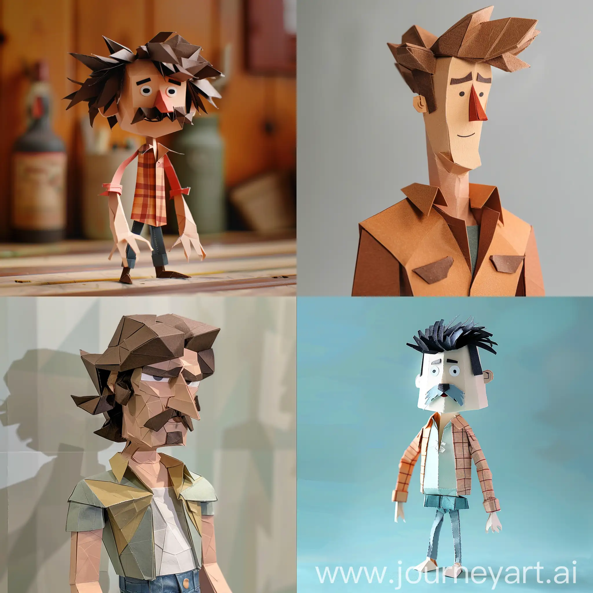       minimalist claymation character design reference turnaround sheet of a Midwest 80s mullet dad made of paper 