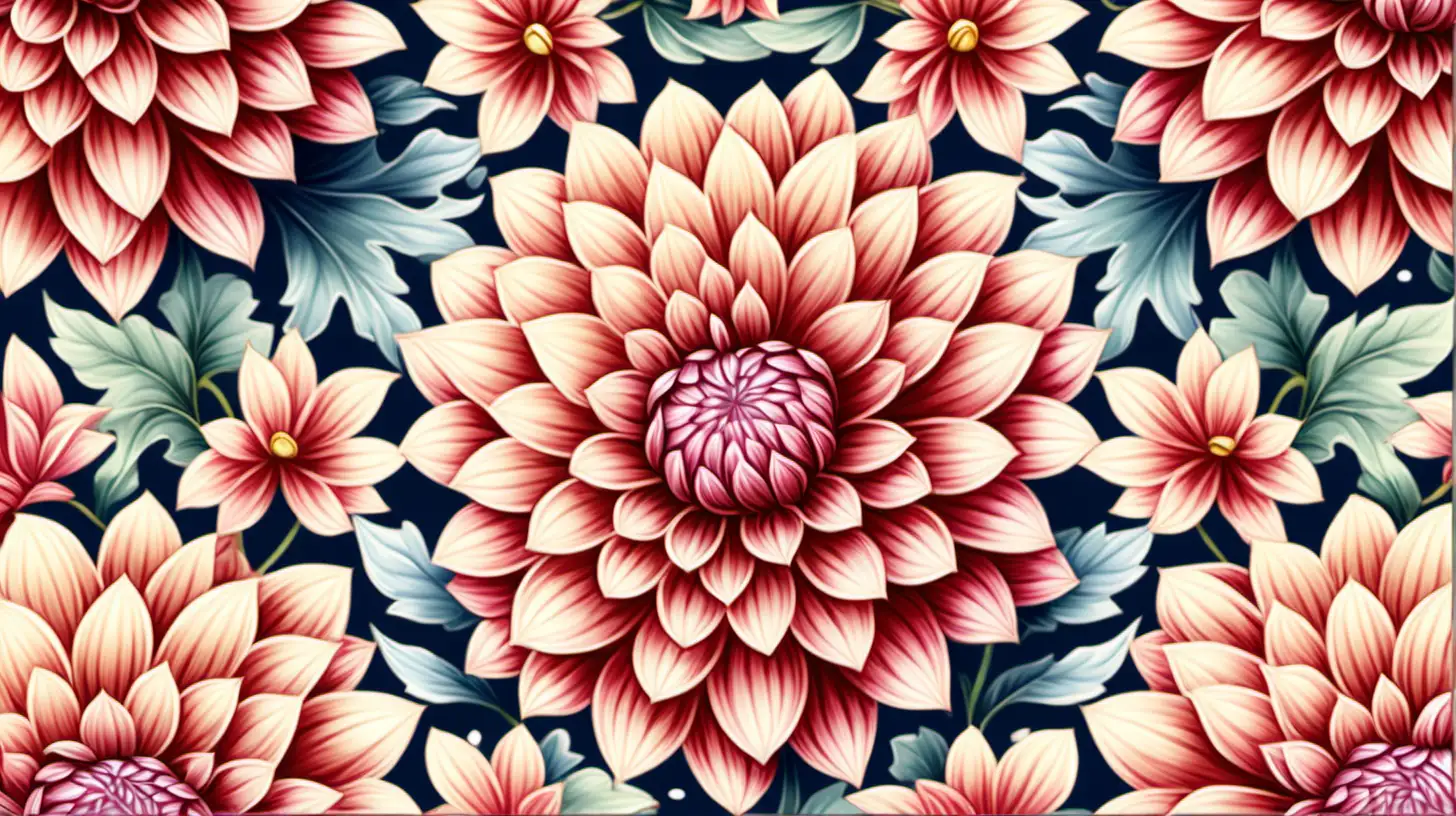Dahlia classic and elegant mood, 
vector, Seamless patterns, repeating tiled patterns design, flat illustration, 
ArtStation, highly detailed clean, nostalgic and charming,
watercolor effect, digital painting, photo realistic masterpiece, 
professional photography, soft background, seamless colorful pattern, 
repeating textures, glamorous, elegant shiny, 8k, art style, cute and 
quirky, vibrant hues --tile --v5
