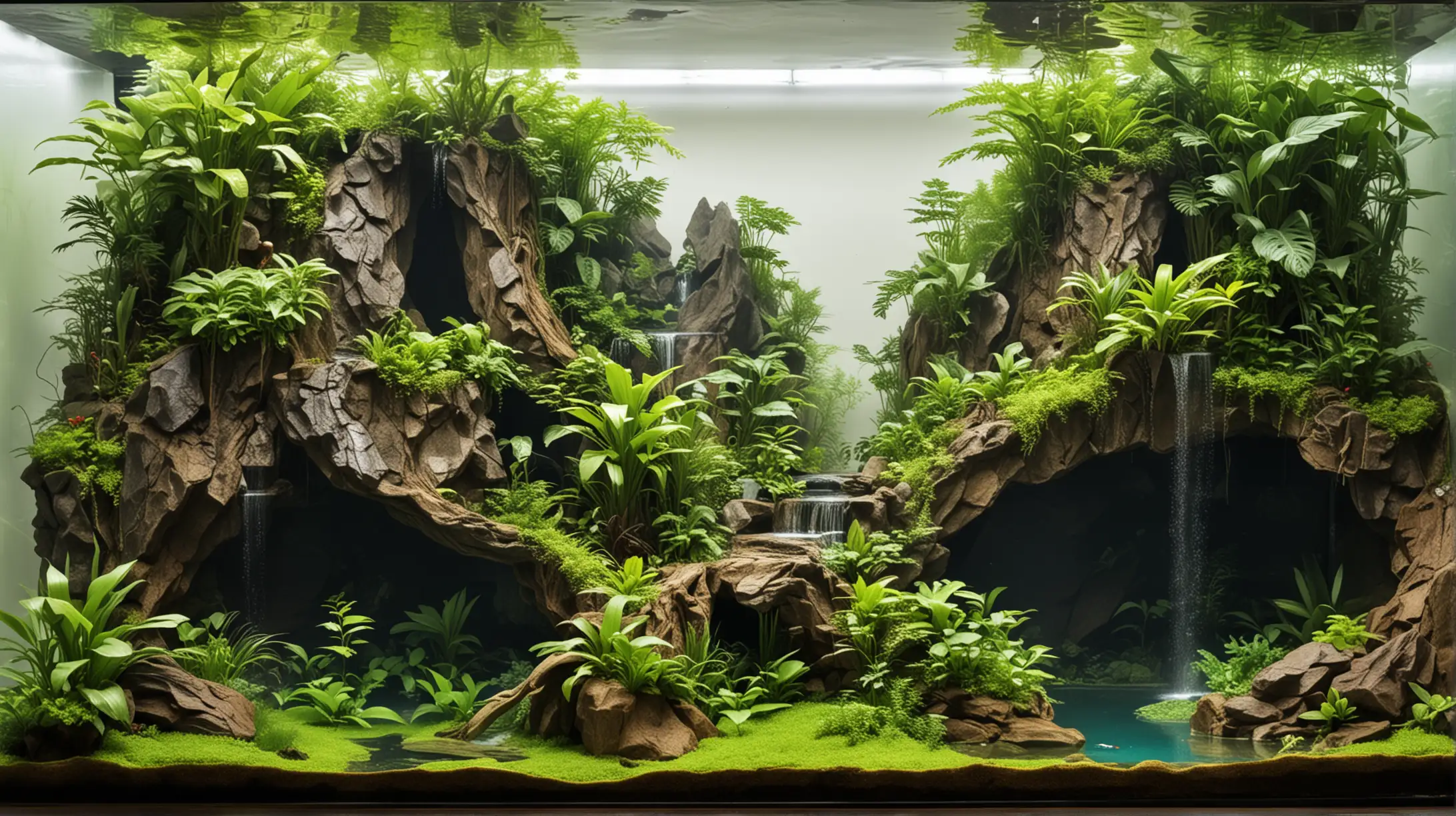 A 130cm by 45 cm by 70 cm tropical snake paludarium with half the paludarium as a mountain cliff with a waterfall and the other half lake-side.