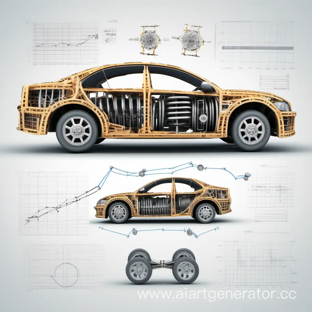 car suspensions on a white background with elements of mathematical modeling and some equations